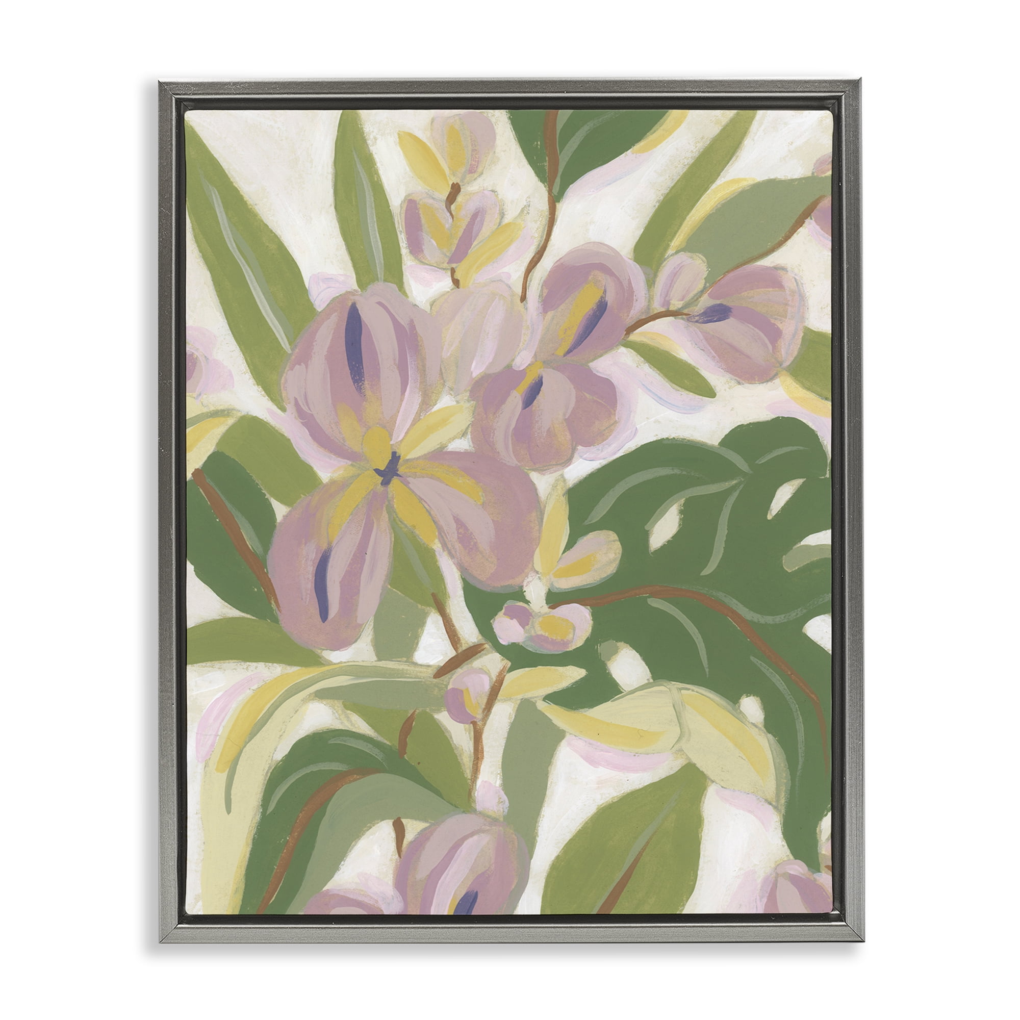 Stupell Industries Pale Trillium & Leaves Plants & Flowers Painting Gray Floater Framed Canvas Art Print Wall Art, 25 x 31