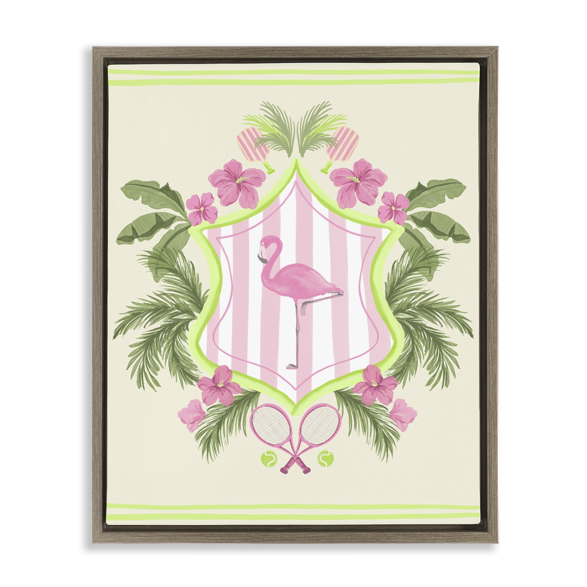 Stupell Industries Palm Beach Flamingo Emblem Sports Painting Brown Floater Framed Canvas Art Print Wall Art, 25 x 31