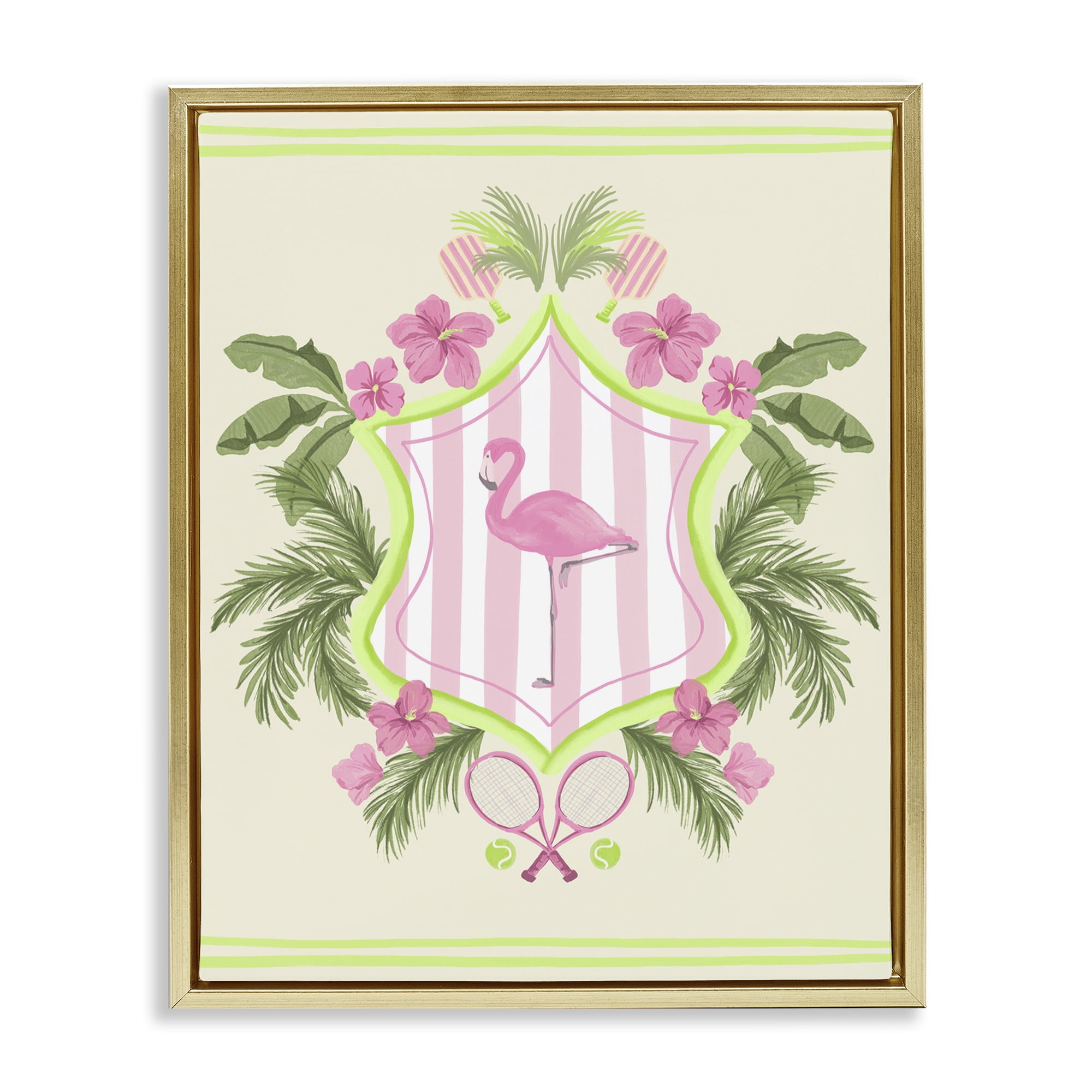 Stupell Industries Palm Beach Flamingo Emblem Sports Painting Gold Floater Framed Canvas Art Print Wall Art, 17 x 21