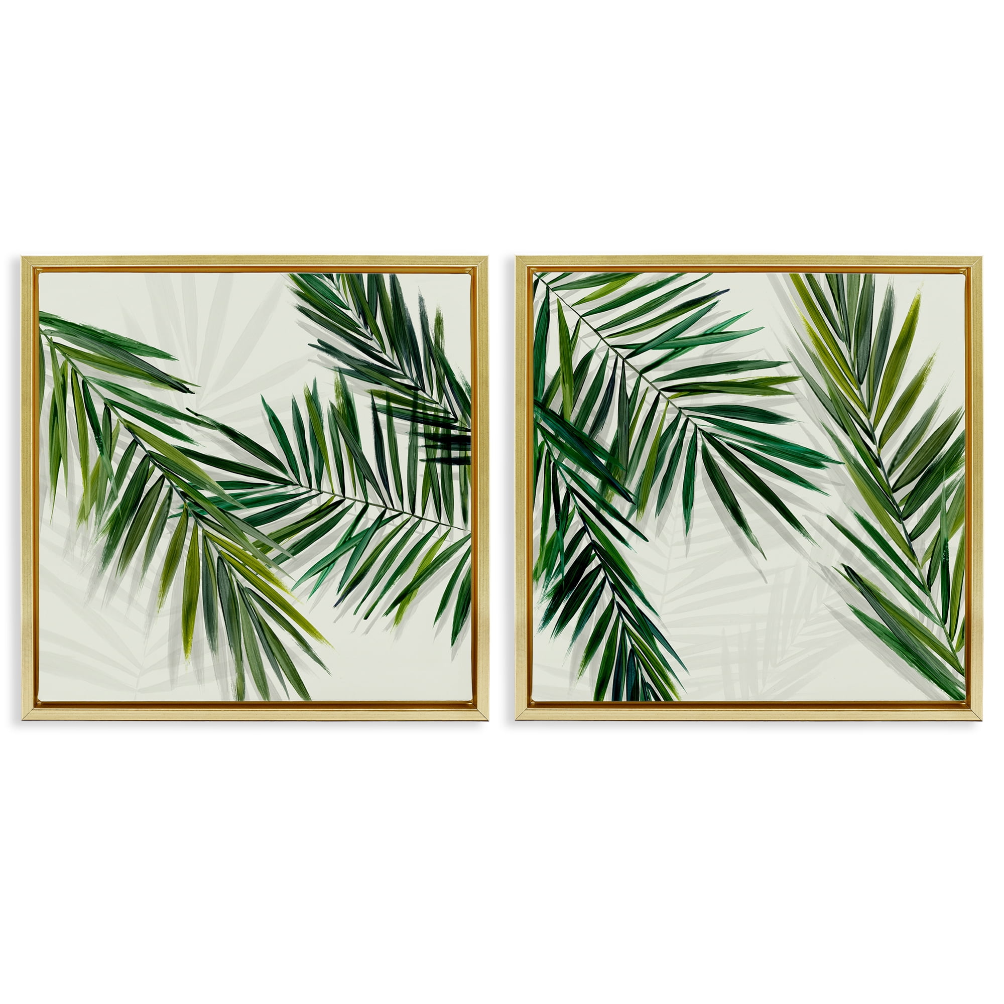 Stupell Industries Palm Fronds over Neutral Plants & Flowers Painting Gold Floater Framed Canvas Art Print Wall Art, 18 x 18, Set of 2
