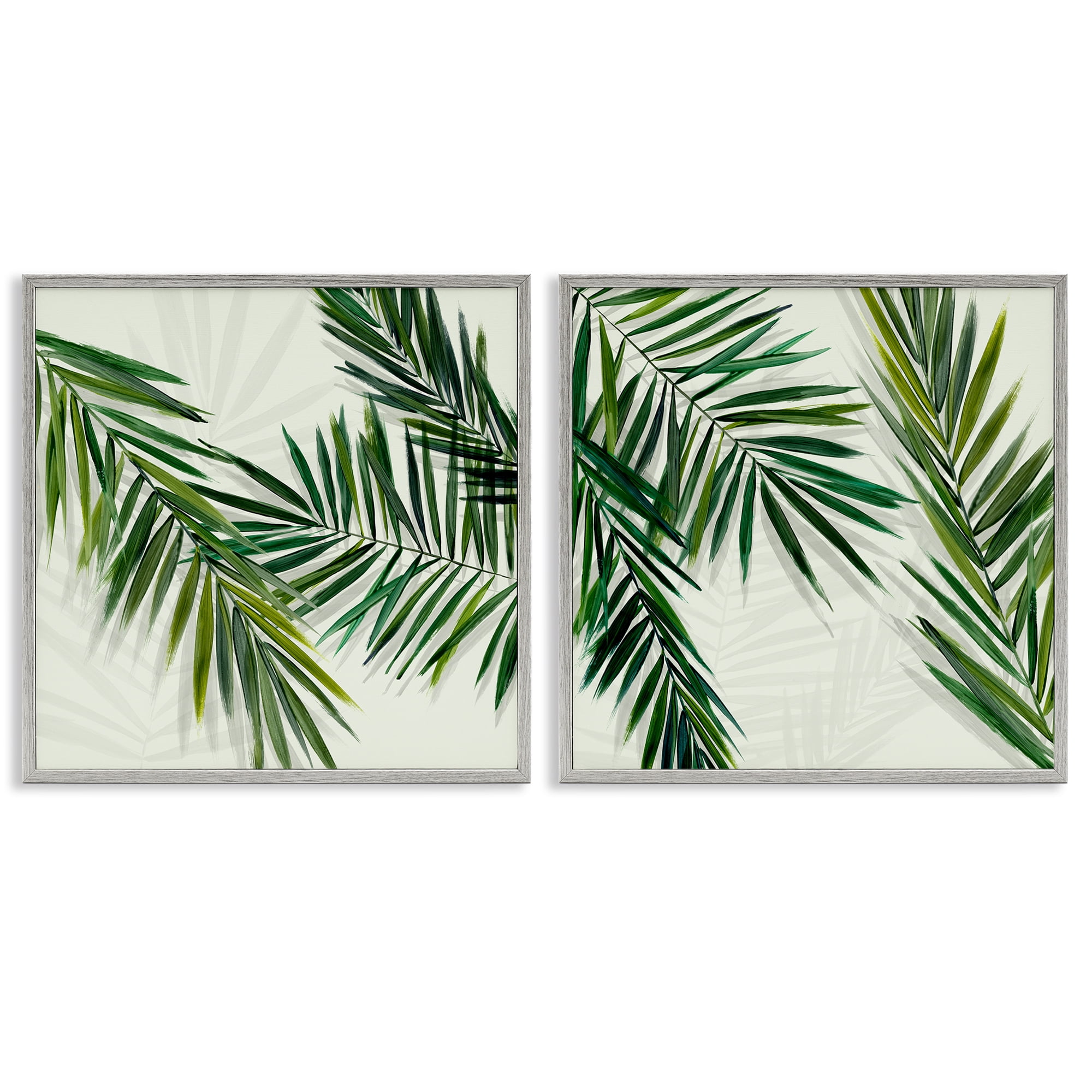 Stupell Industries Palm Fronds over Neutral Plants & Flowers Painting Gray Framed Art Print Wall Art, 12 x 12, Set of 2