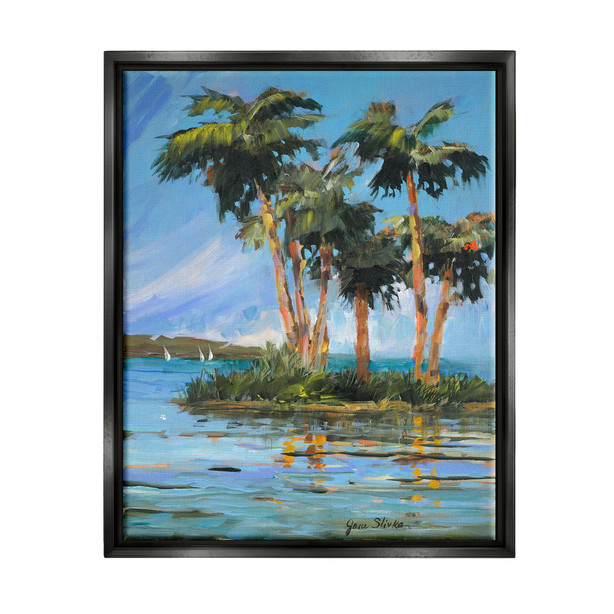 Stupell Industries Palm Island Painting Nature Painting Black Floater Framed Art Print Wall Art, 25 x 31