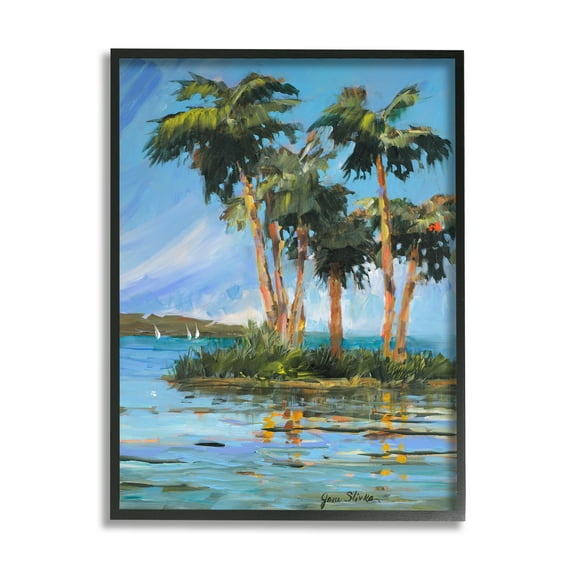 Stupell Industries Palm Island Painting Nature Painting Black Framed Art Print Wall Art, 16 x 20
