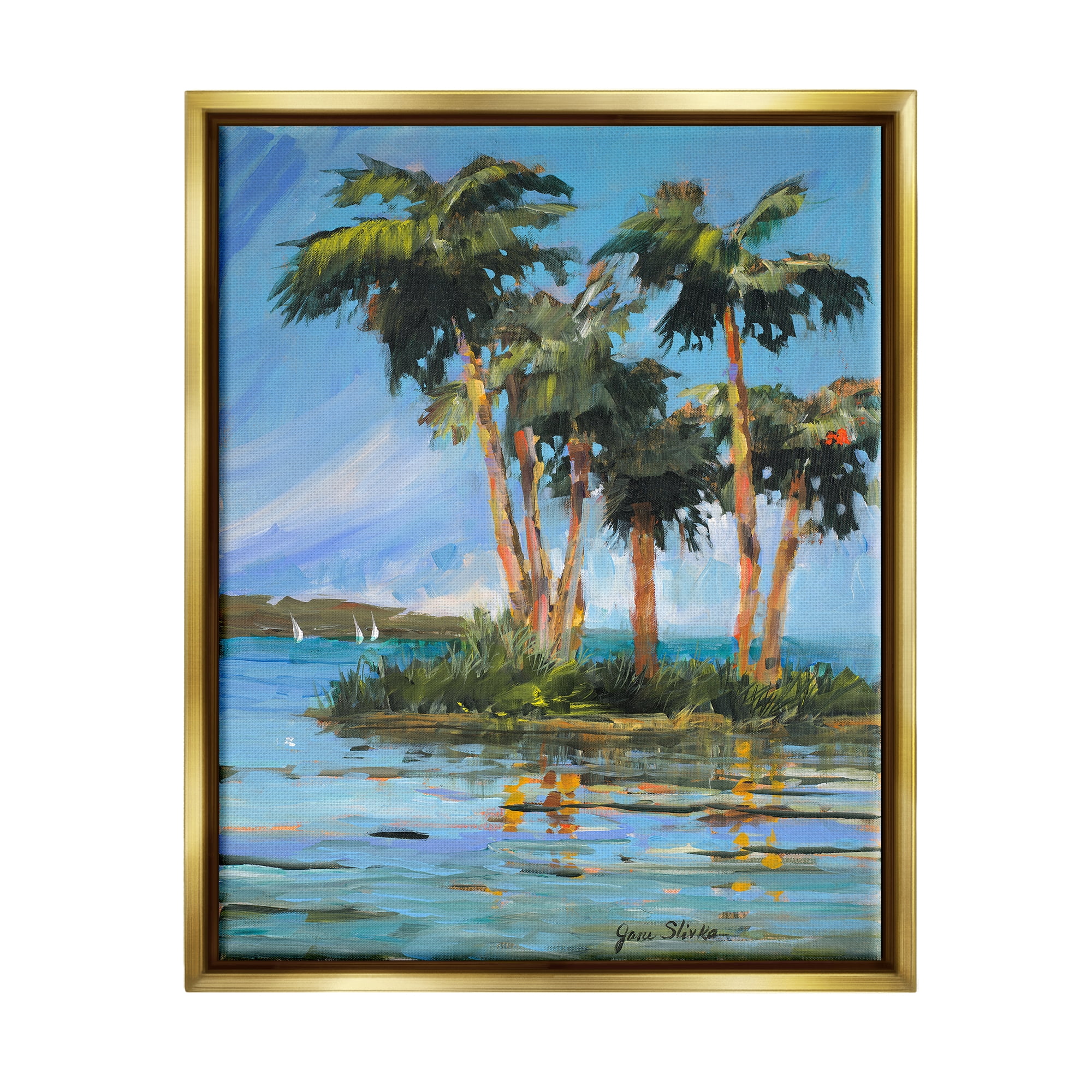Stupell Industries Palm Island Painting Nature Painting Gold Floater Framed Art Print Wall Art, 25 x 31