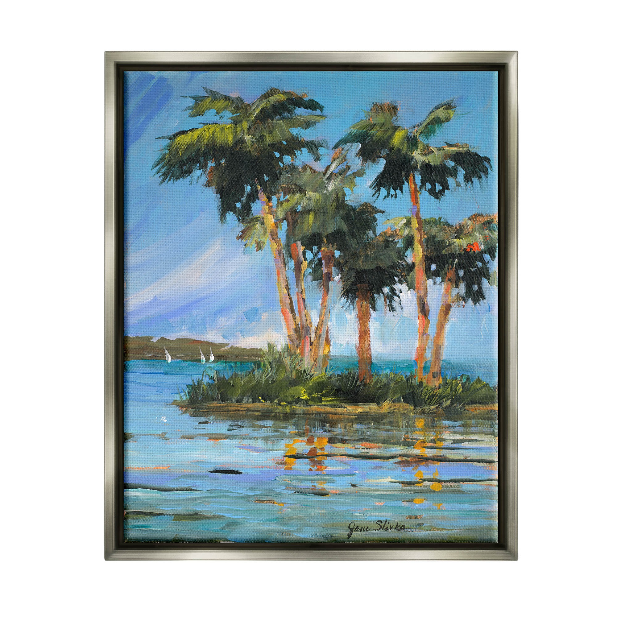 Stupell Industries Palm Island Painting Nature Painting Gray Floater Framed Art Print Wall Art, 25 x 31