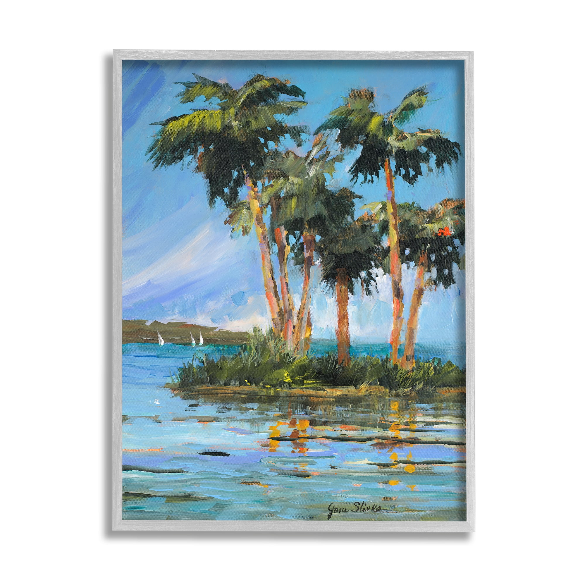 Stupell Industries Palm Island Painting Nature Painting Gray Framed Art Print Wall Art, 11 x 14