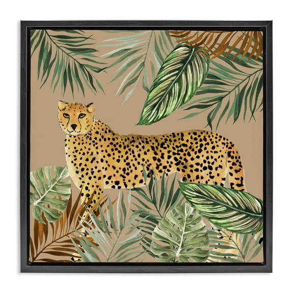 Stupell Industries Palm Leaves Around Leopard Animals Painting Black Floater Framed Canvas Art Print Wall Art, 25 x 25