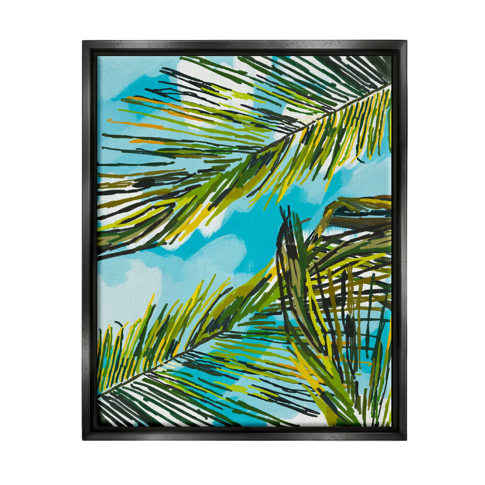 Stupell Industries Palm Leaves Blue Sky Botanical & Floral Painting Black Floater Framed Art Print Wall Art, 25 x 31
