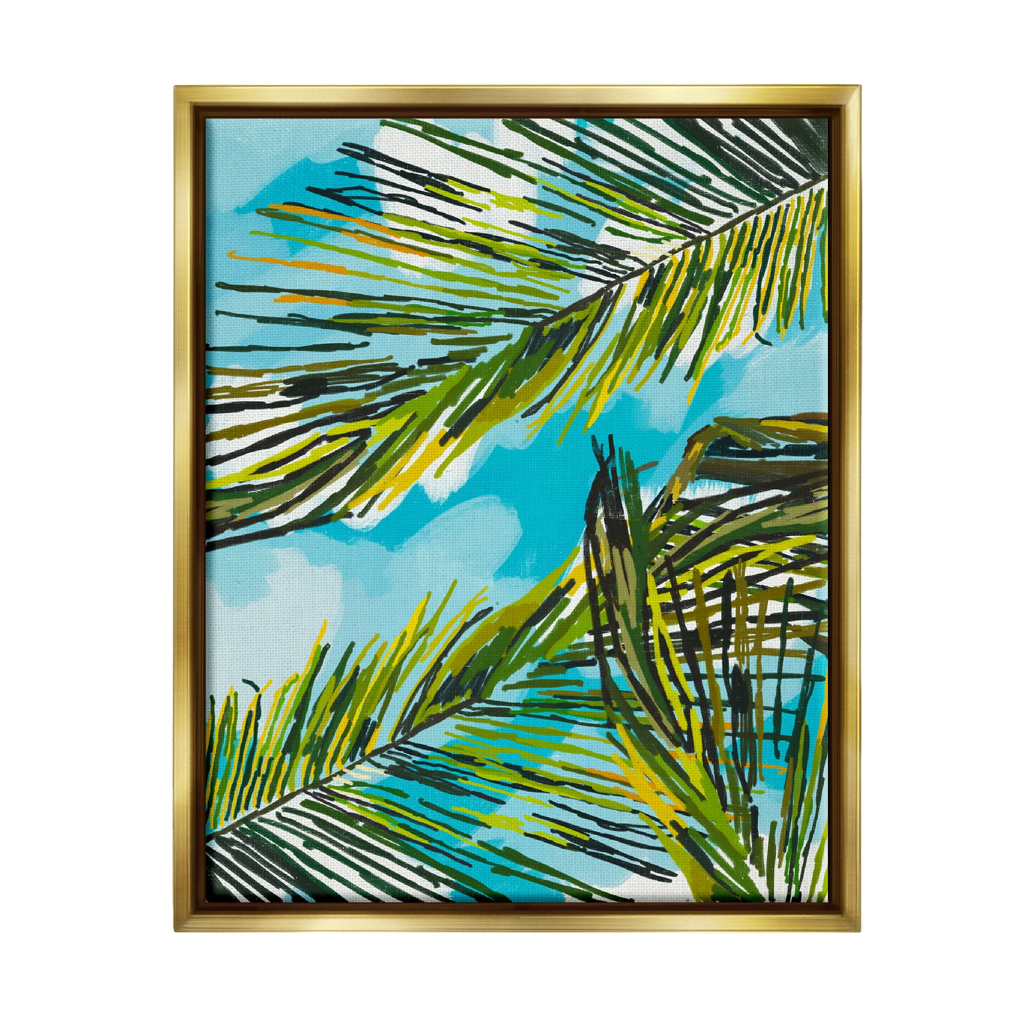 Stupell Industries Palm Leaves Blue Sky Botanical & Floral Painting Gold Floater Framed Art Print Wall Art, 25 x 31