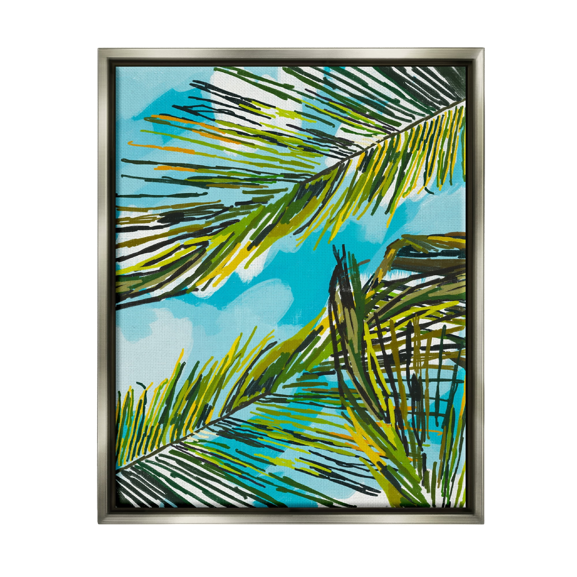 Stupell Industries Palm Leaves Blue Sky Botanical & Floral Painting Gray Floater Framed Art Print Wall Art, 25 x 31