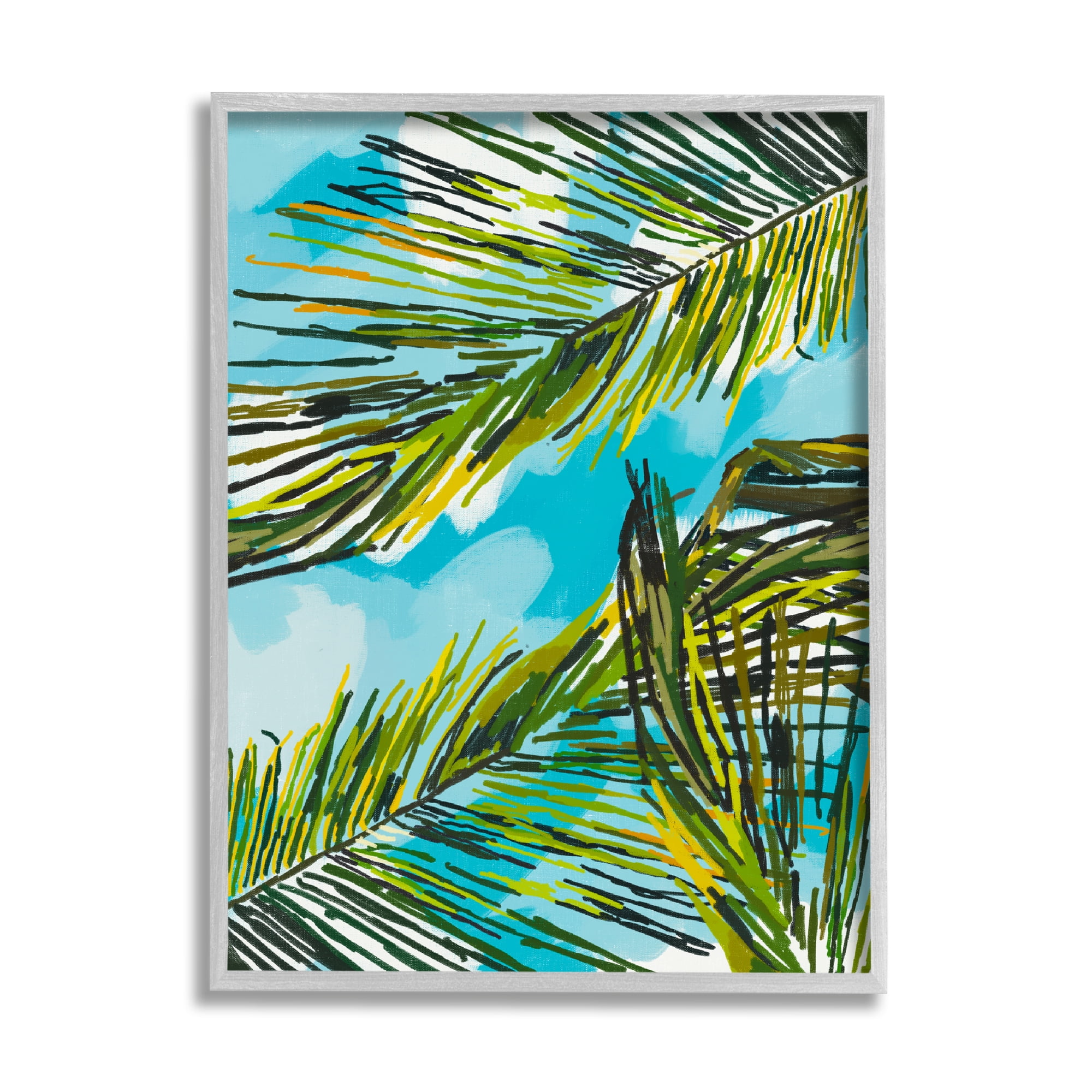 Stupell Industries Palm Leaves Blue Sky Botanical & Floral Painting Gray Framed Art Print Wall Art, 16 x 20