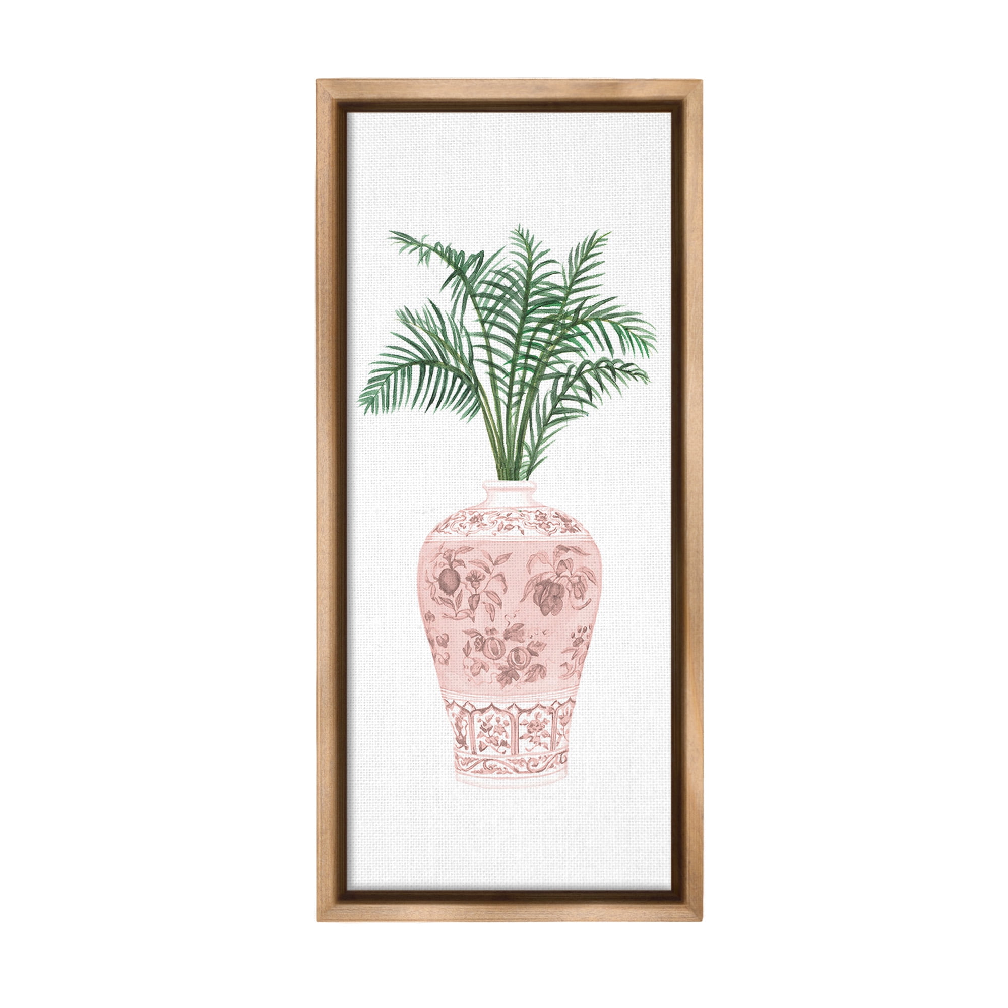 Stupell Industries Palm Leaves in Ornate Vase Botanical & Floral Painting Brown Floater Framed Canvas Art Print Wall Art, 14 x 31