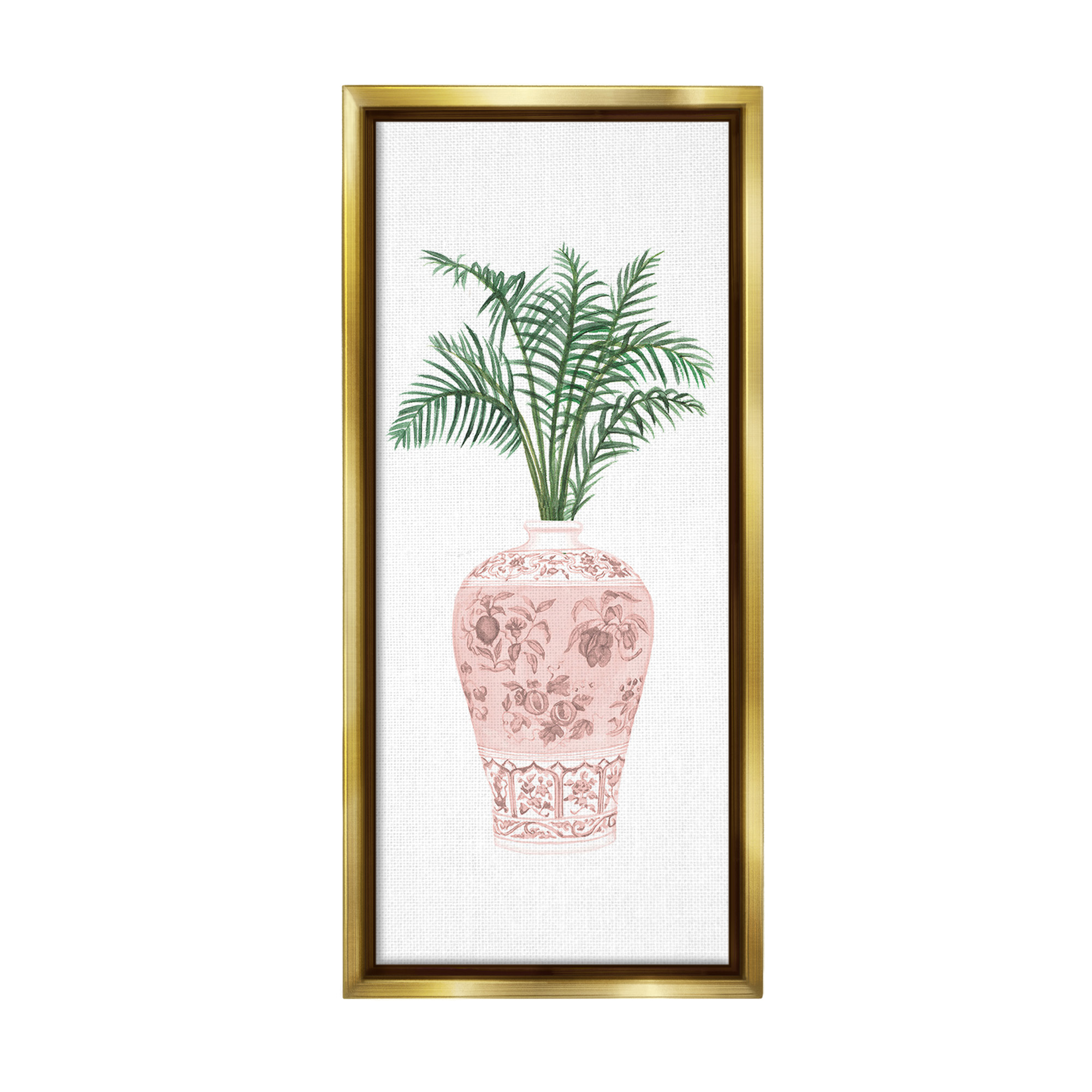 Stupell Industries Palm Leaves in Ornate Vase Botanical & Floral Painting Gold Floater Framed Canvas Art Print Wall Art, 14 x 31