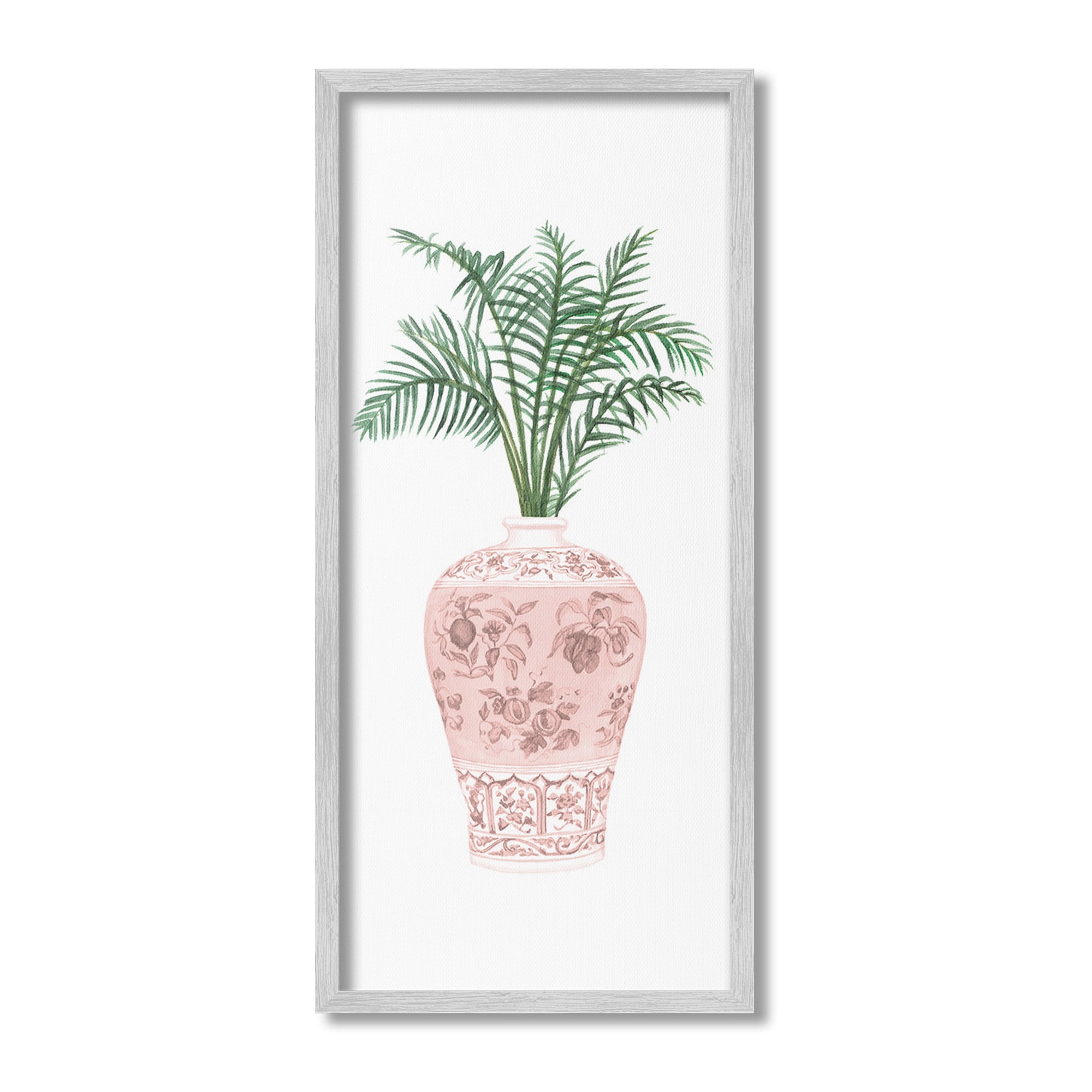 Stupell Industries Palm Leaves in Ornate Vase Botanical & Floral Painting Gray Framed Art Print Wall Art, 13 x 30