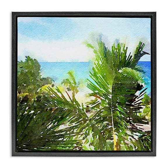 Stupell Industries Palm Leaves over Beach Landscape & Nature Painting Black Floater Framed Canvas Art Print Wall Art, 18 x 18