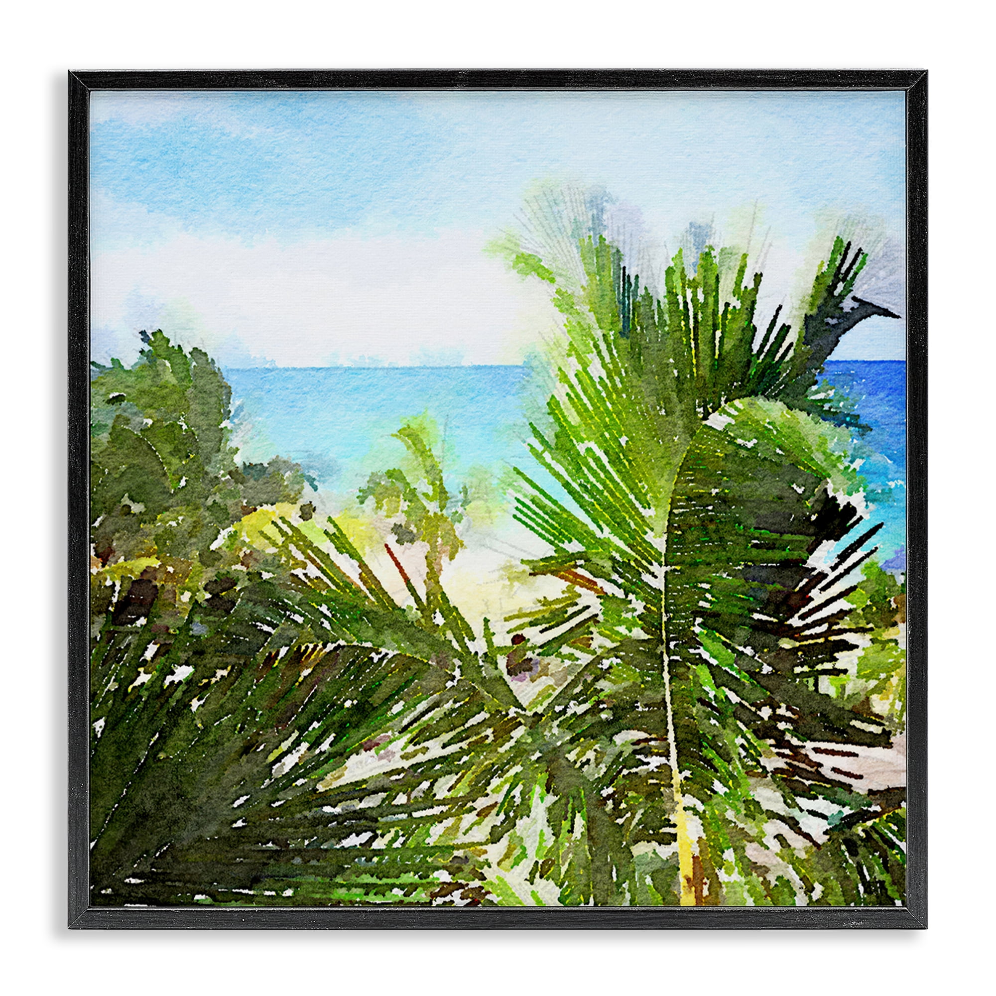 Stupell Industries Palm Leaves over Beach Landscape & Nature Painting Black Framed Art Print Wall Art, 12 x 12