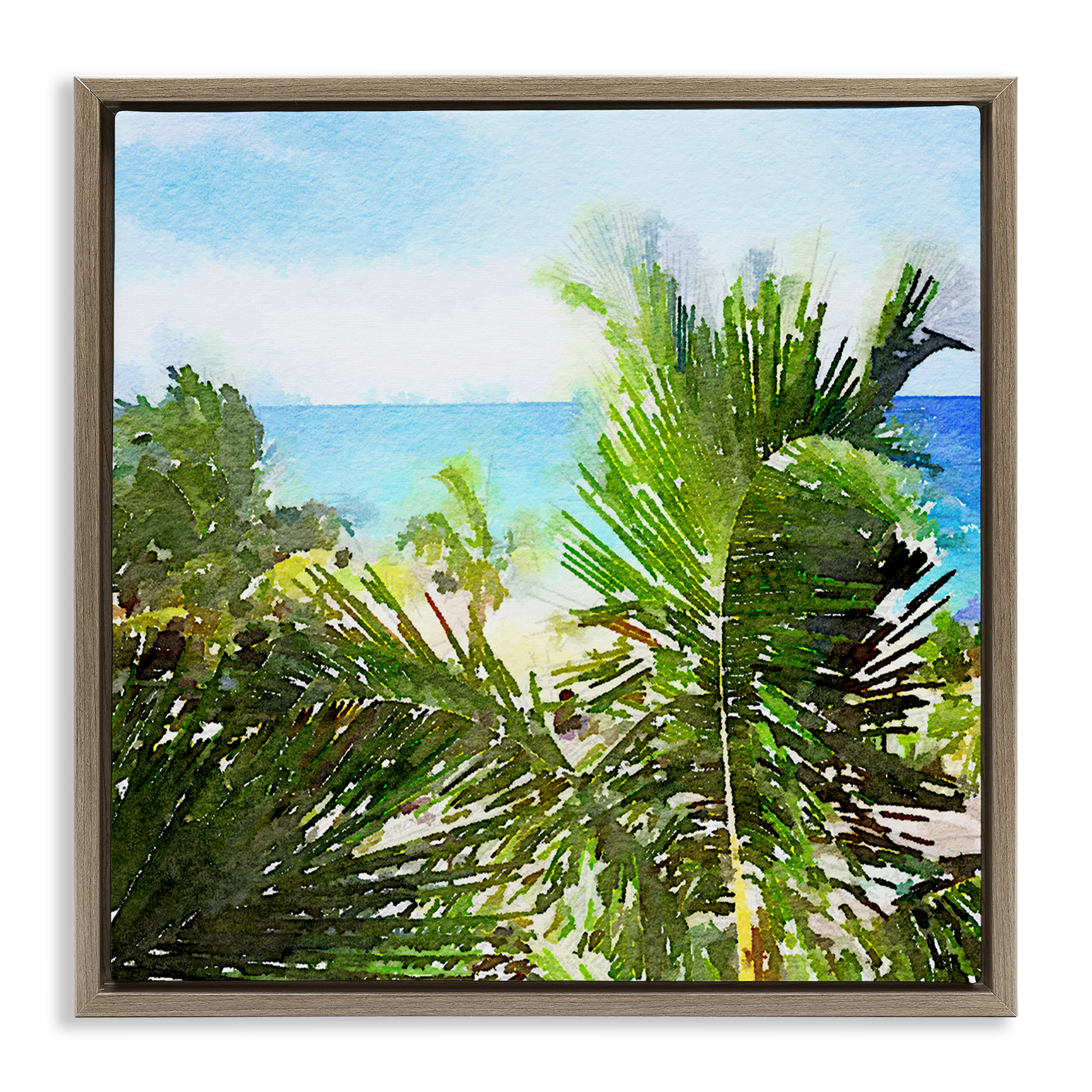 Stupell Industries Palm Leaves over Beach Landscape & Nature Painting Brown Floater Framed Canvas Art Print Wall Art, 18 x 18