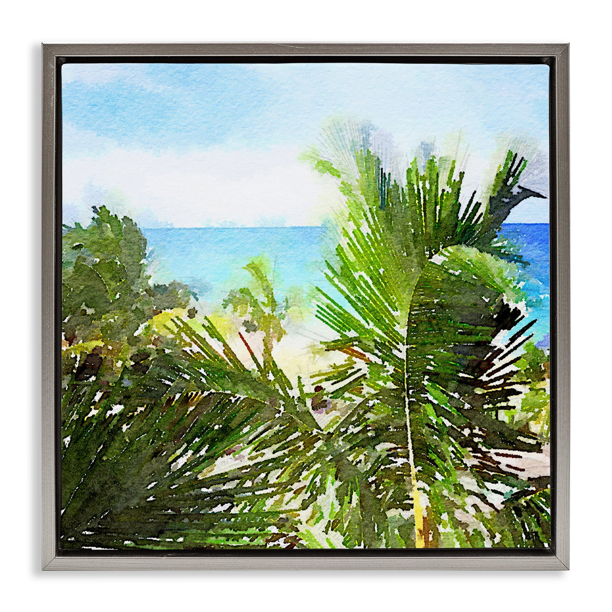 Stupell Industries Palm Leaves over Beach Landscape & Nature Painting Gray Floater Framed Canvas Art Print Wall Art, 18 x 18