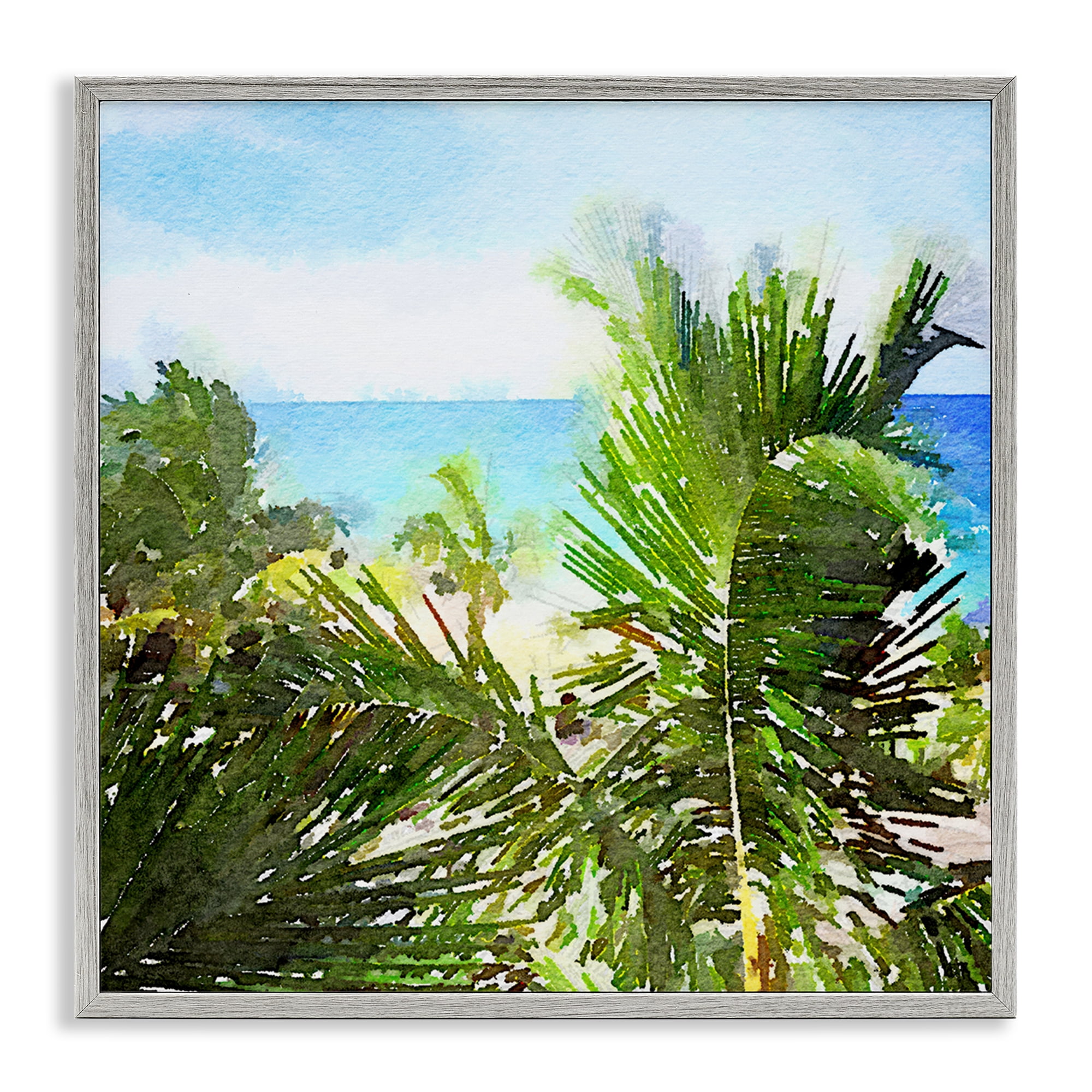 Stupell Industries Palm Leaves over Beach Landscape & Nature Painting Gray Framed Art Print Wall Art, 12 x 12