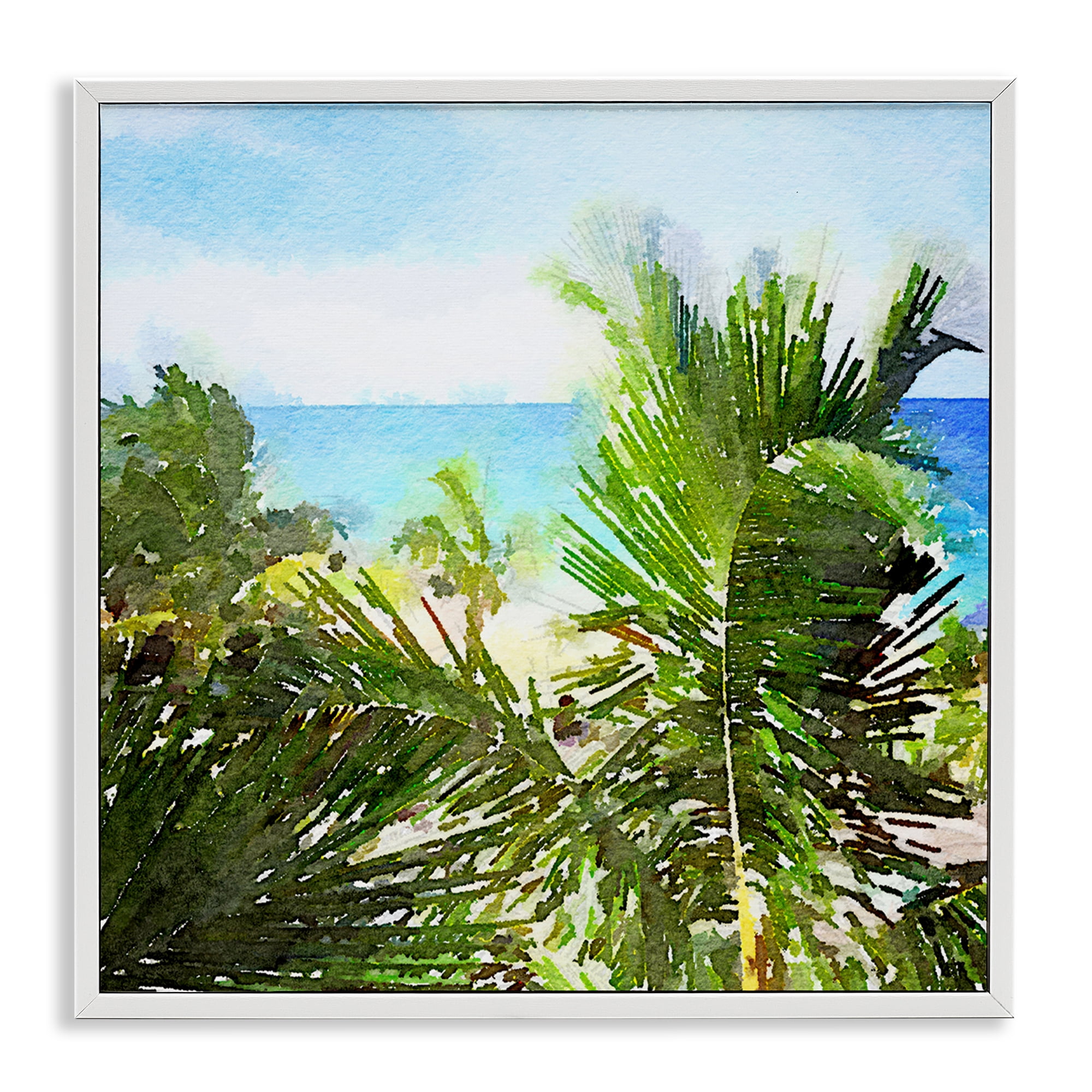 Stupell Industries Palm Leaves over Beach Landscape & Nature Painting White Framed Art Print Wall Art, 12 x 12