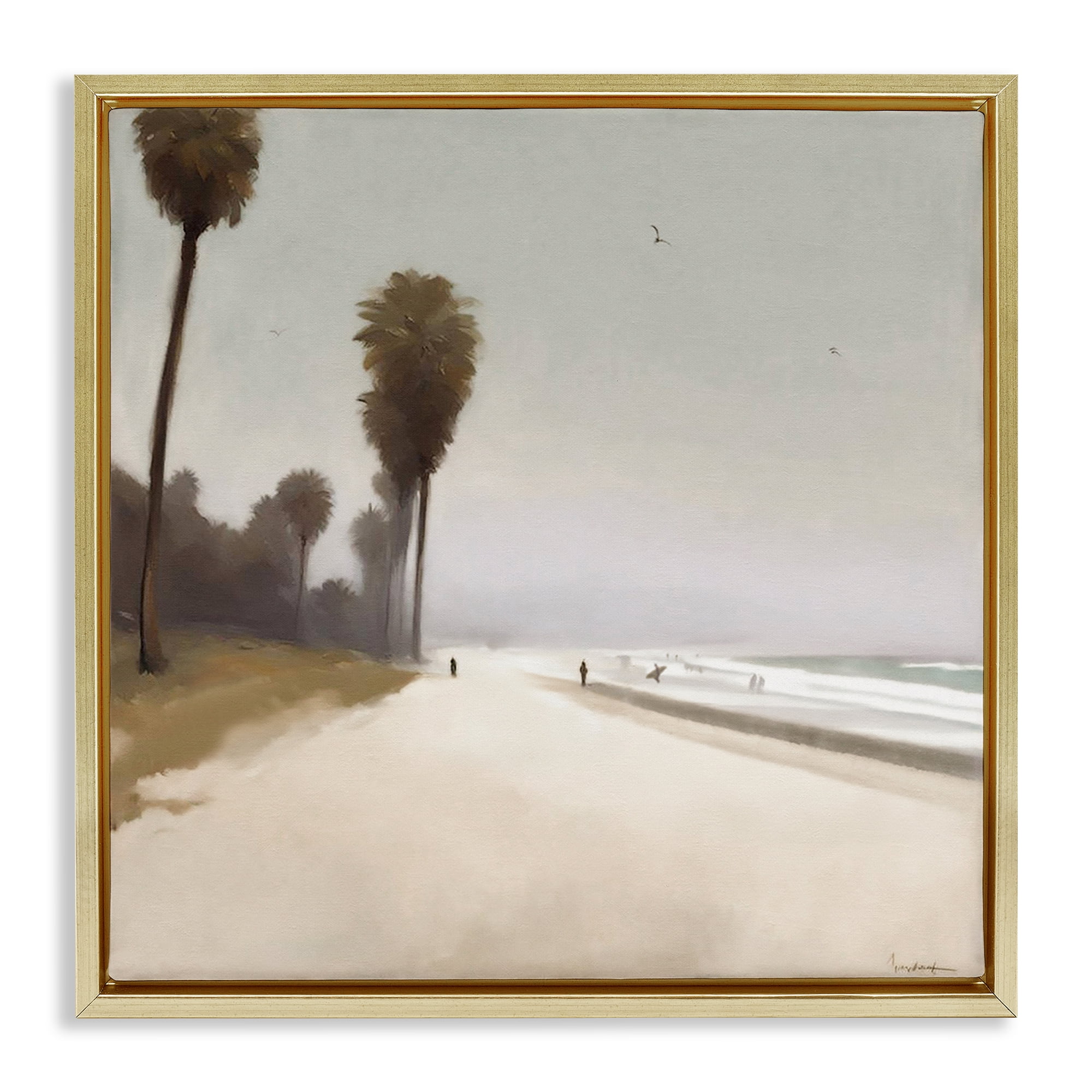 Stupell Industries Palm Lined Beach Landscape & Nature Painting Gold Floater Framed Canvas Art Print Wall Art, 18 x 18