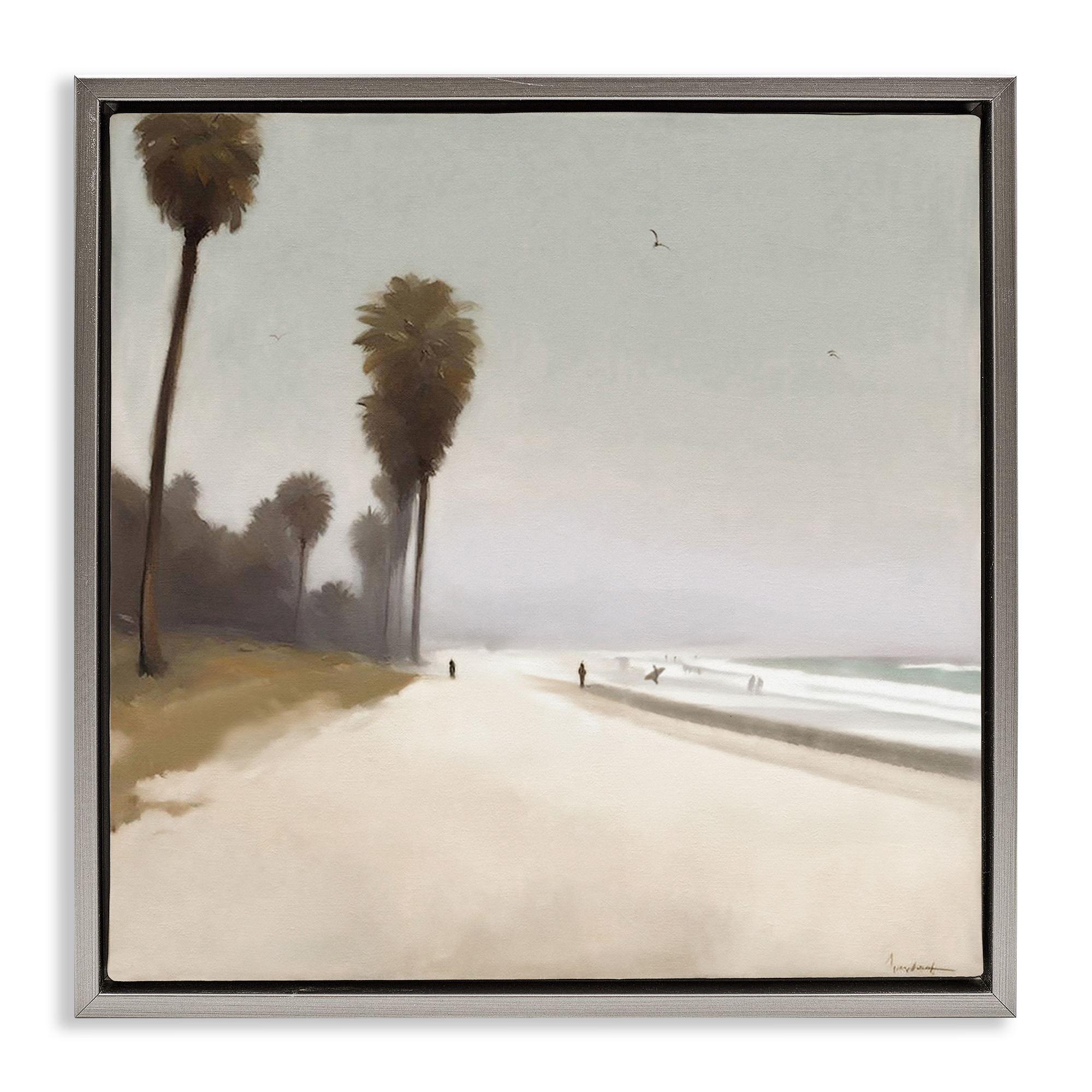 Stupell Industries Palm Lined Beach Landscape & Nature Painting Gray Floater Framed Canvas Art Print Wall Art, 18 x 18
