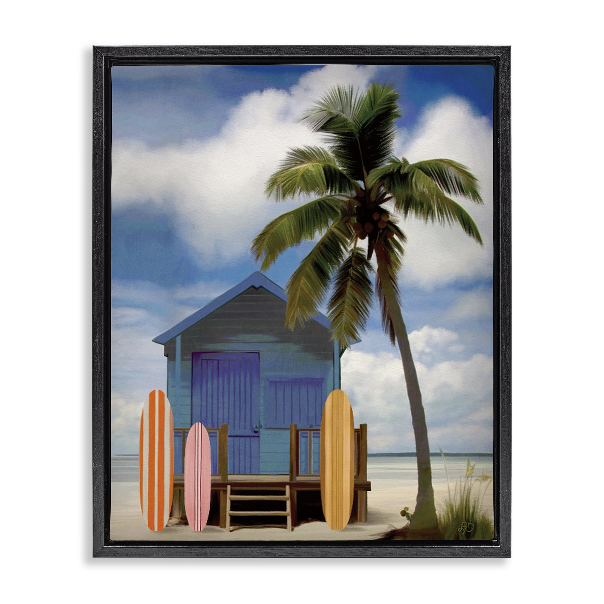 Stupell Industries Palm Overhanging Surf Shop Black Framed Floater Canvas Wall Art, design by Lisa R Dumm