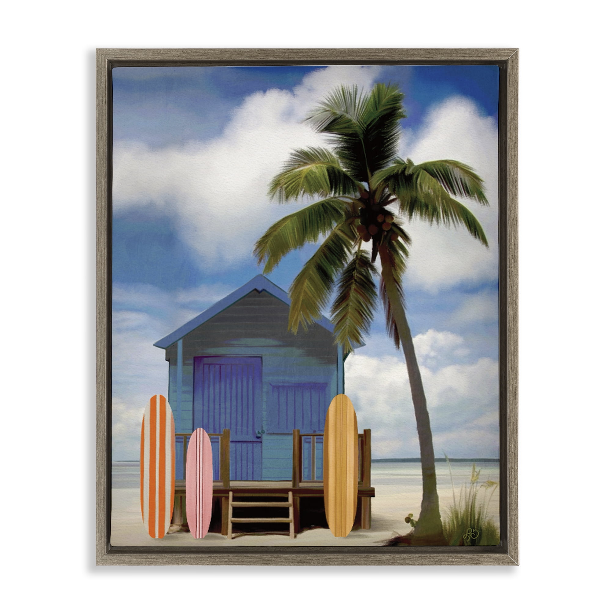 Stupell Industries Palm Overhanging Surf Shop Brown Framed Floater Canvas Wall Art, design by Lisa R Dumm