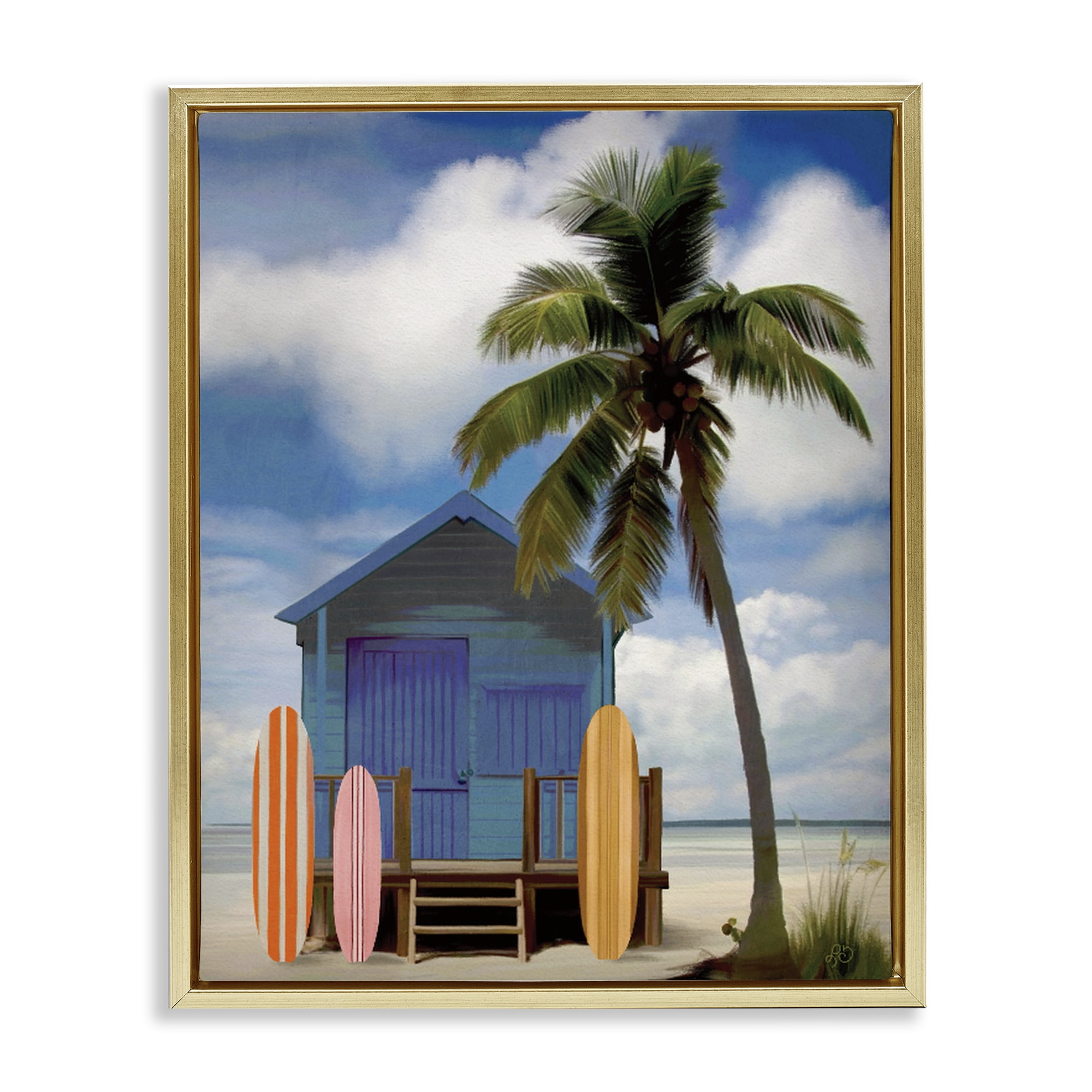 Stupell Industries Palm Overhanging Surf Shop Gold Framed Floater Canvas Wall Art, design by Lisa R Dumm
