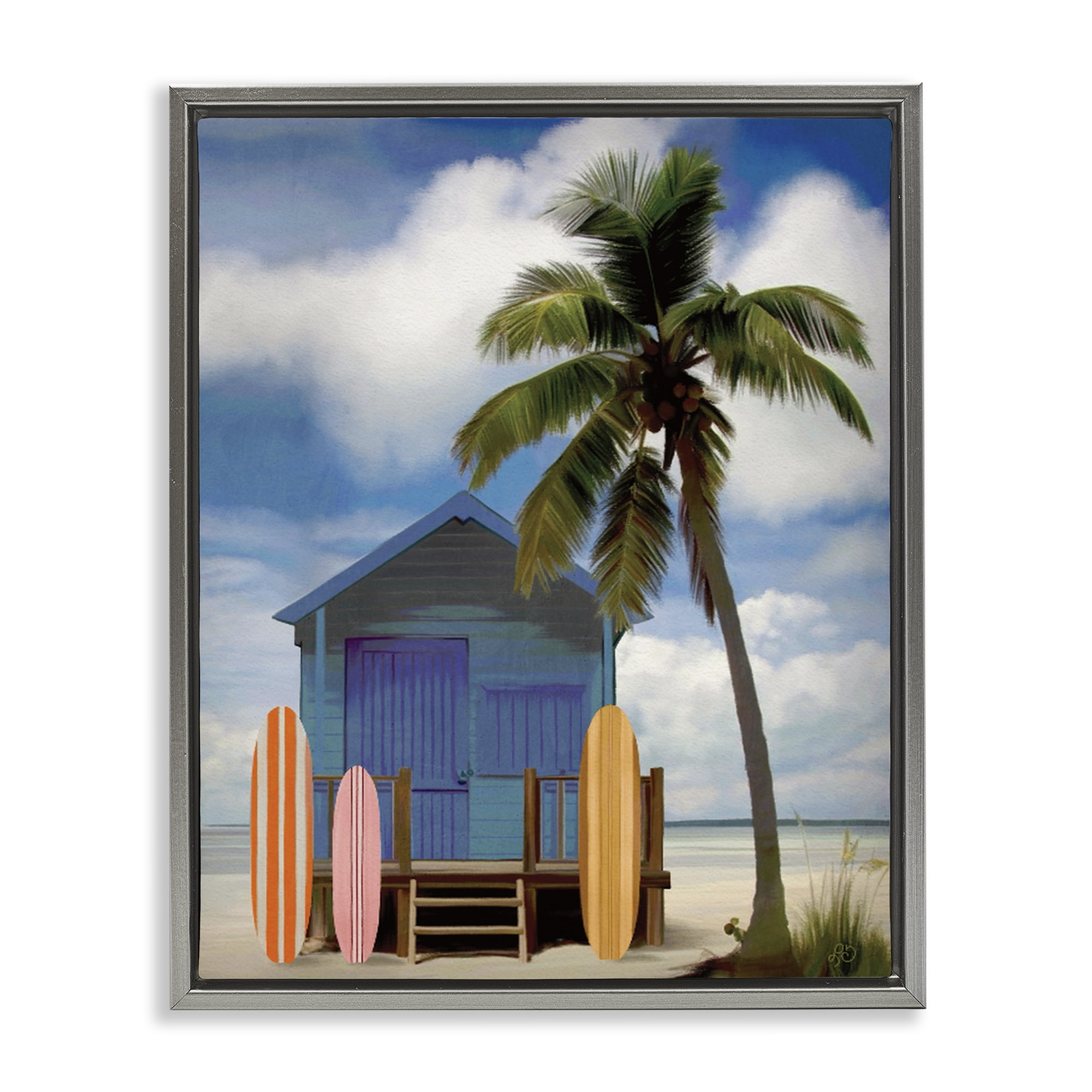Stupell Industries Palm Overhanging Surf Shop Gray Framed Floater Canvas Wall Art, design by Lisa R Dumm