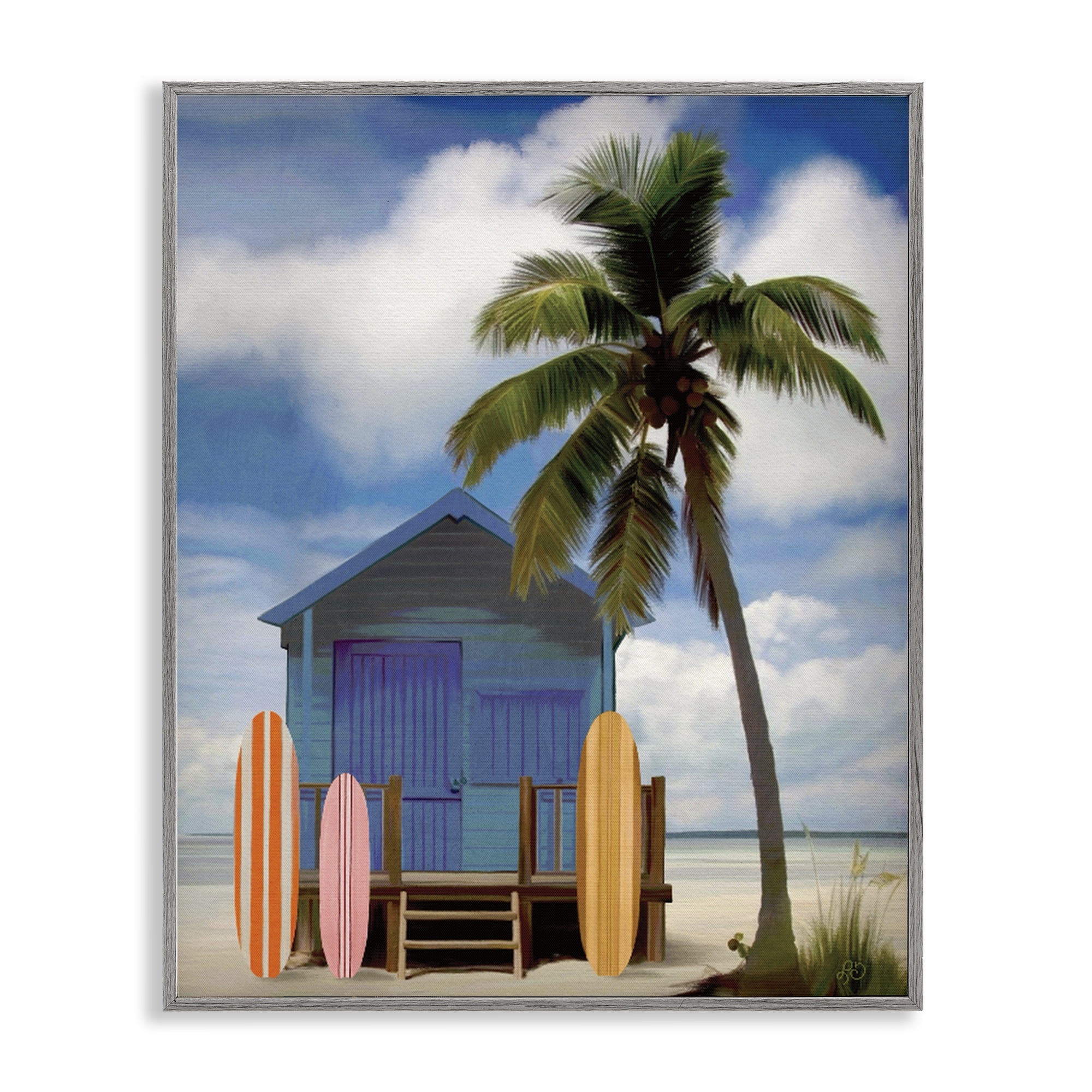 Stupell Industries Palm Overhanging Surf Shop Gray Framed Giclee Art, design by Lisa R Dumm