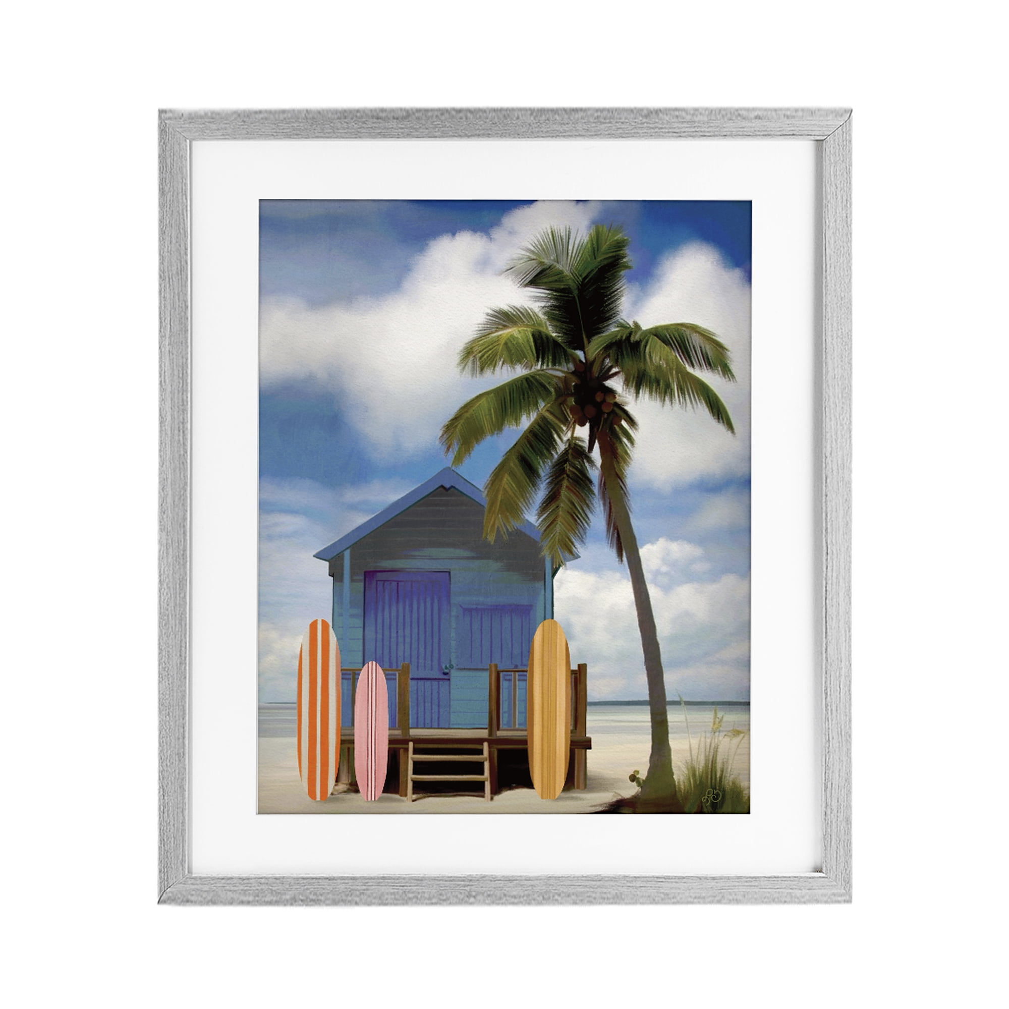 Stupell Industries Palm Overhanging Surf Shop Gray Framed Print Under Glass, design by Lisa R Dumm