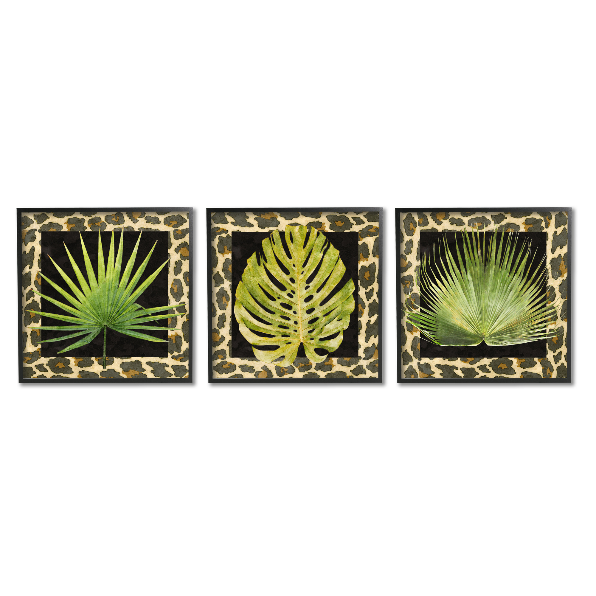 Stupell Industries Palm Plants on Leopard Pattern Botanical & Floral Painting Black Framed Art Print Wall Art, 17 x 17, Set of 3
