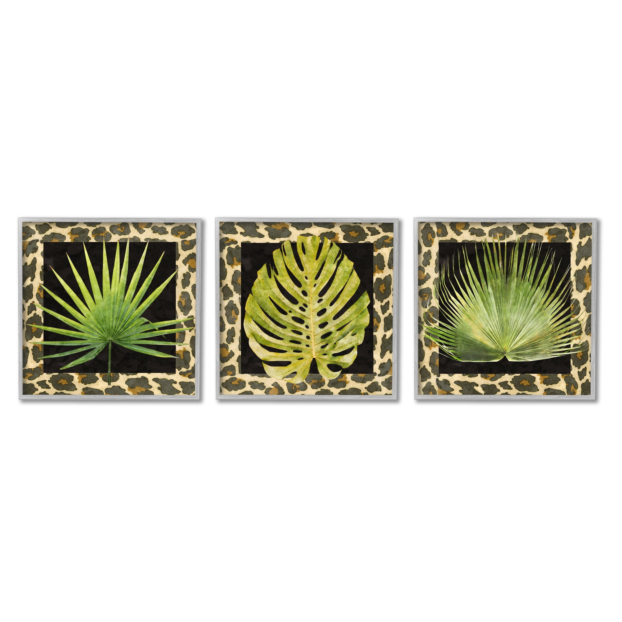 Stupell Industries Palm Plants on Leopard Pattern Botanical & Floral Painting Gray Framed Art Print Wall Art, 17 x 17, Set of 3