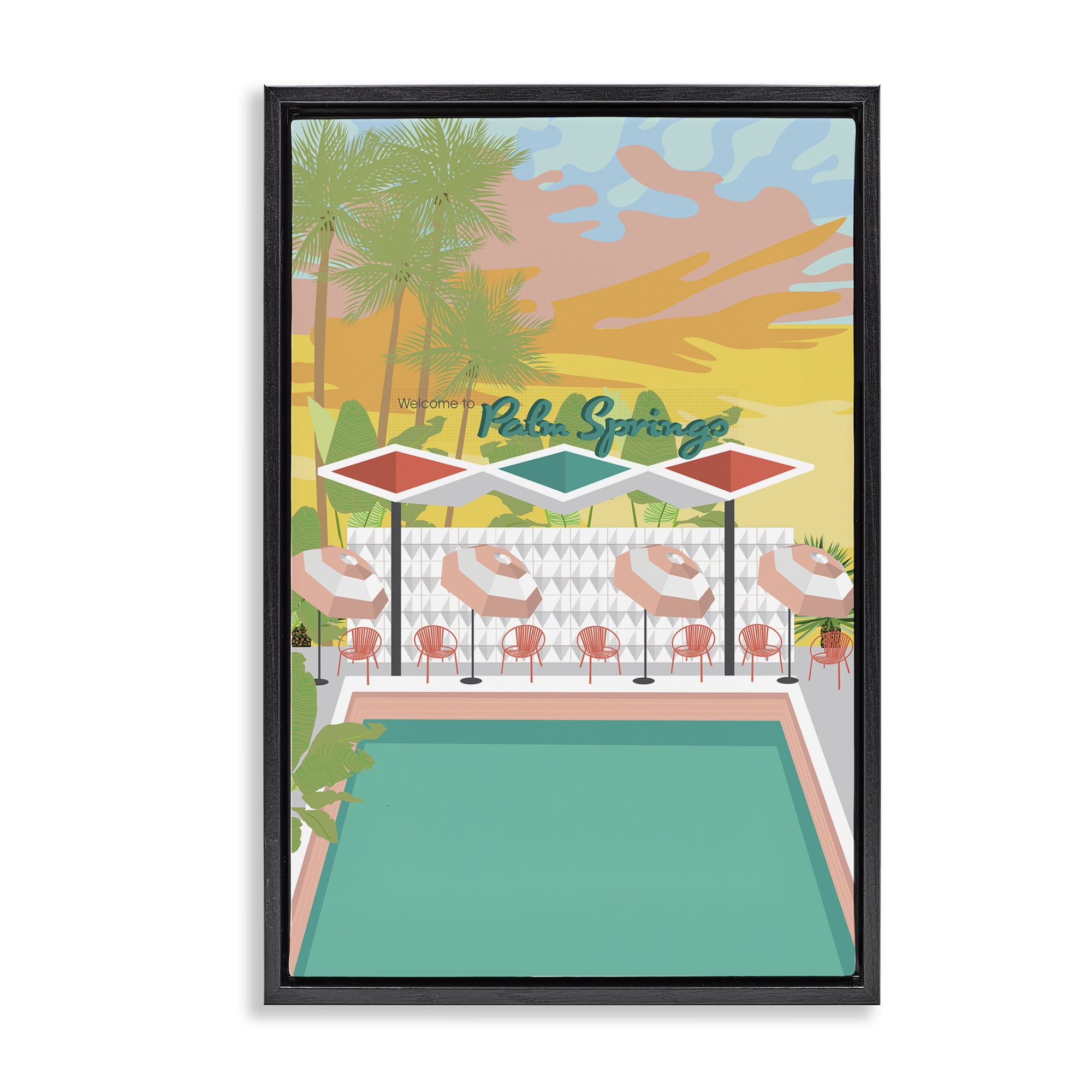 Stupell Industries Palm Springs Pool Time Landscape & Nature Painting Black Floater Framed Canvas Art Print Wall Art, 21 x 31