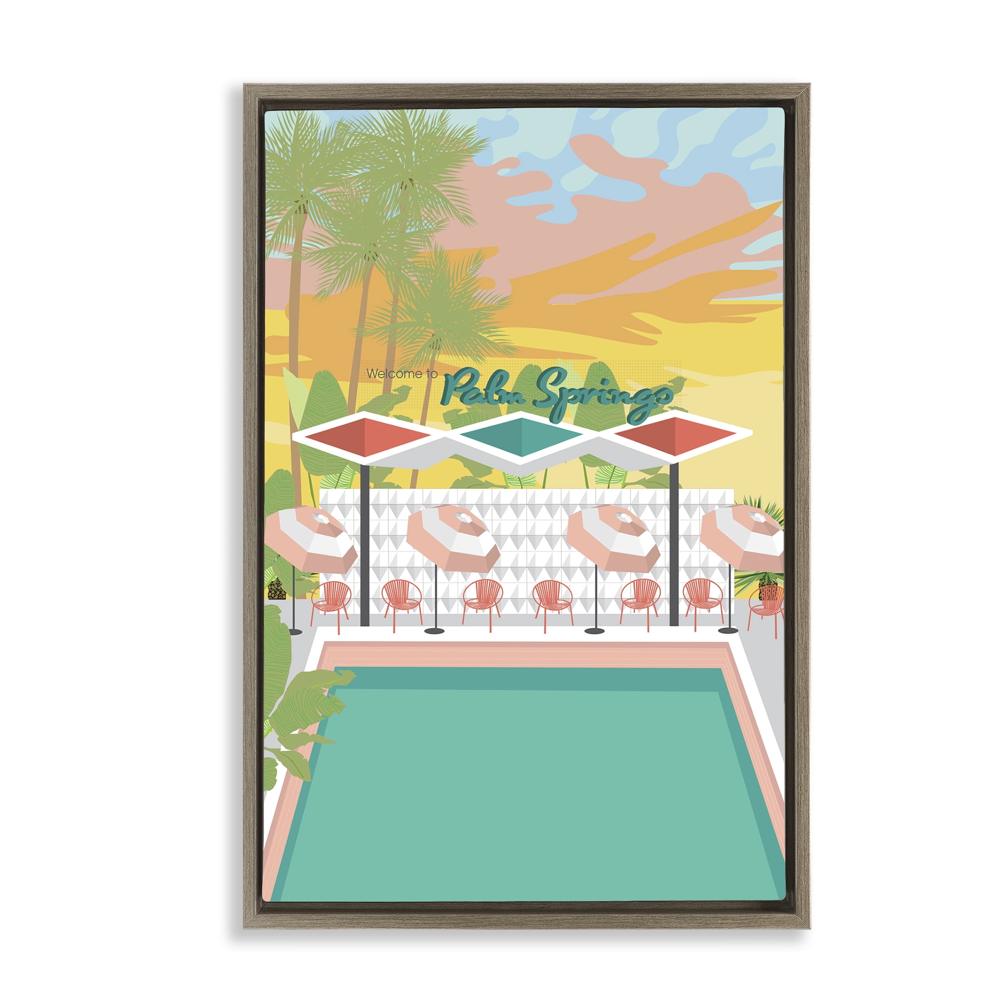 Stupell Industries Palm Springs Pool Time Landscape & Nature Painting Brown Floater Framed Canvas Art Print Wall Art, 21 x 31