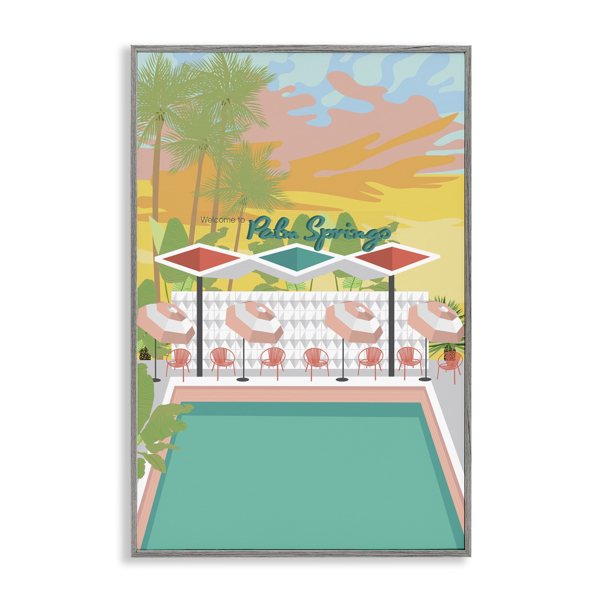 Stupell Industries Palm Springs Pool Time Landscape & Nature Painting Gray Framed Art Print Wall Art, 12 x 18