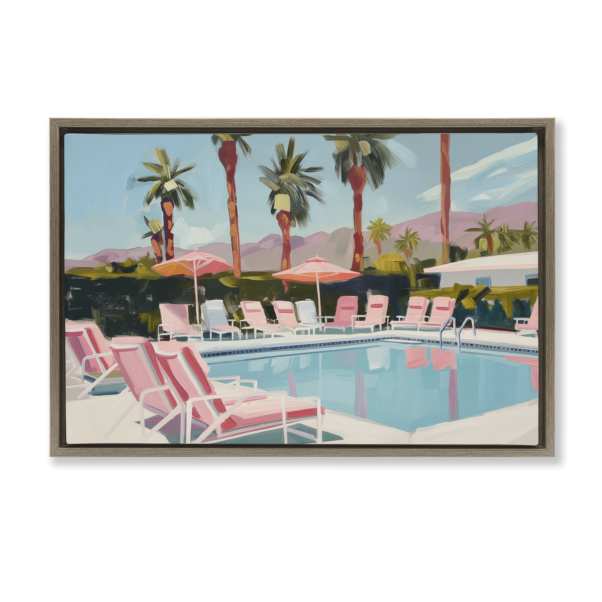 Stupell Industries Palm Springs Swimming Pool Landscape & Nature Painting Brown Floater Framed Canvas Art Print Wall Art, 25 x 17