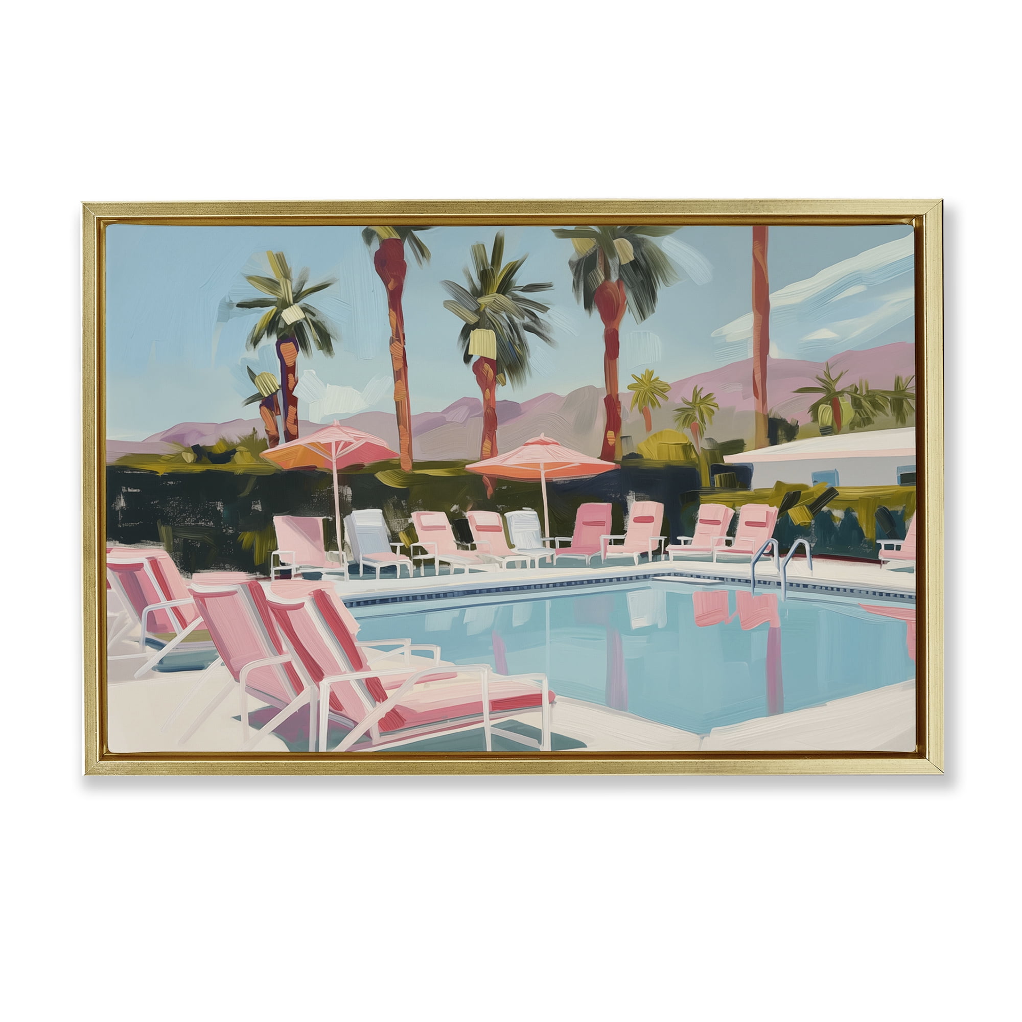 Stupell Industries Palm Springs Swimming Pool Landscape & Nature Painting Gold Floater Framed Canvas Art Print Wall Art, 31 x 21
