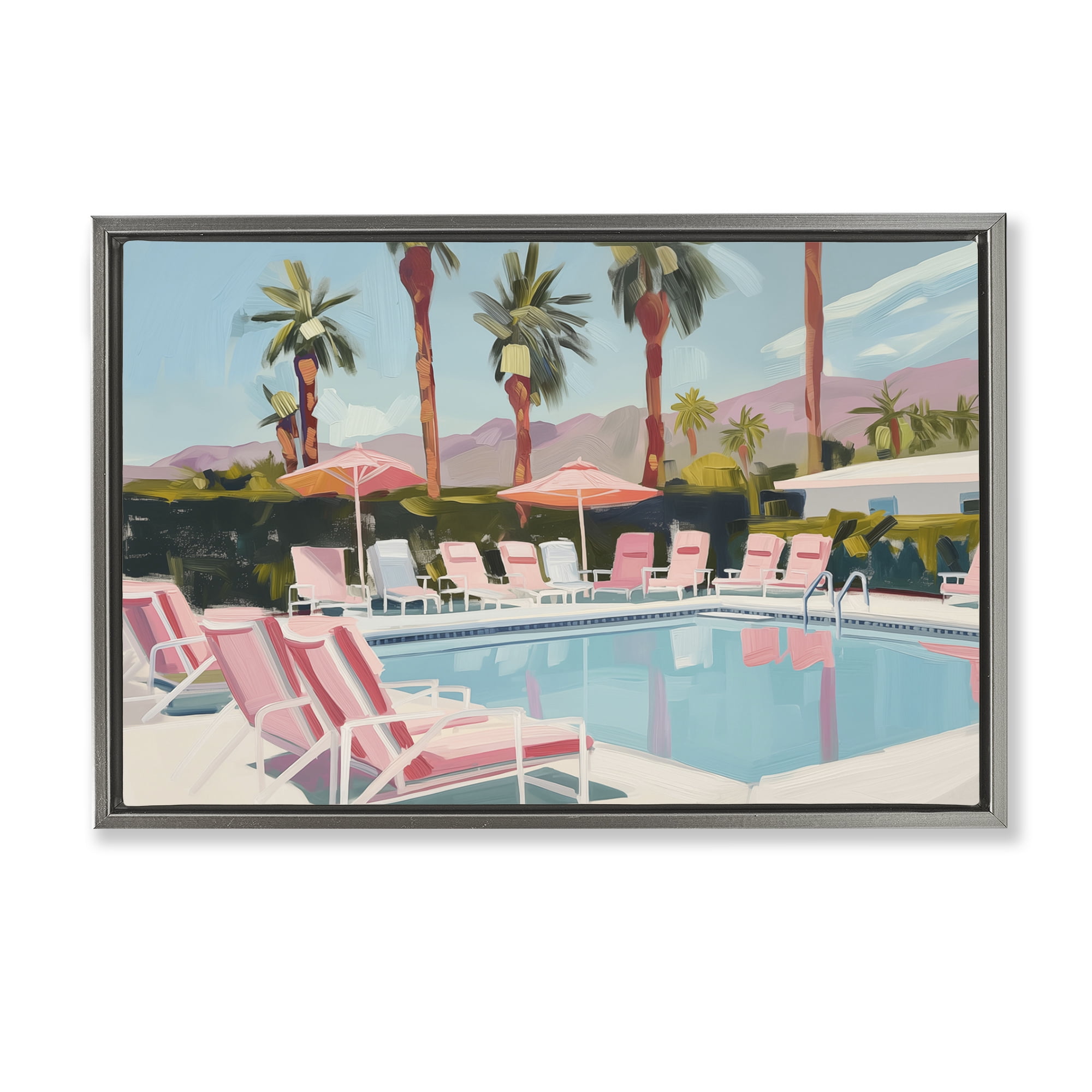 Stupell Industries Palm Springs Swimming Pool Landscape & Nature Painting Gray Floater Framed Canvas Art Print Wall Art, 31 x 21