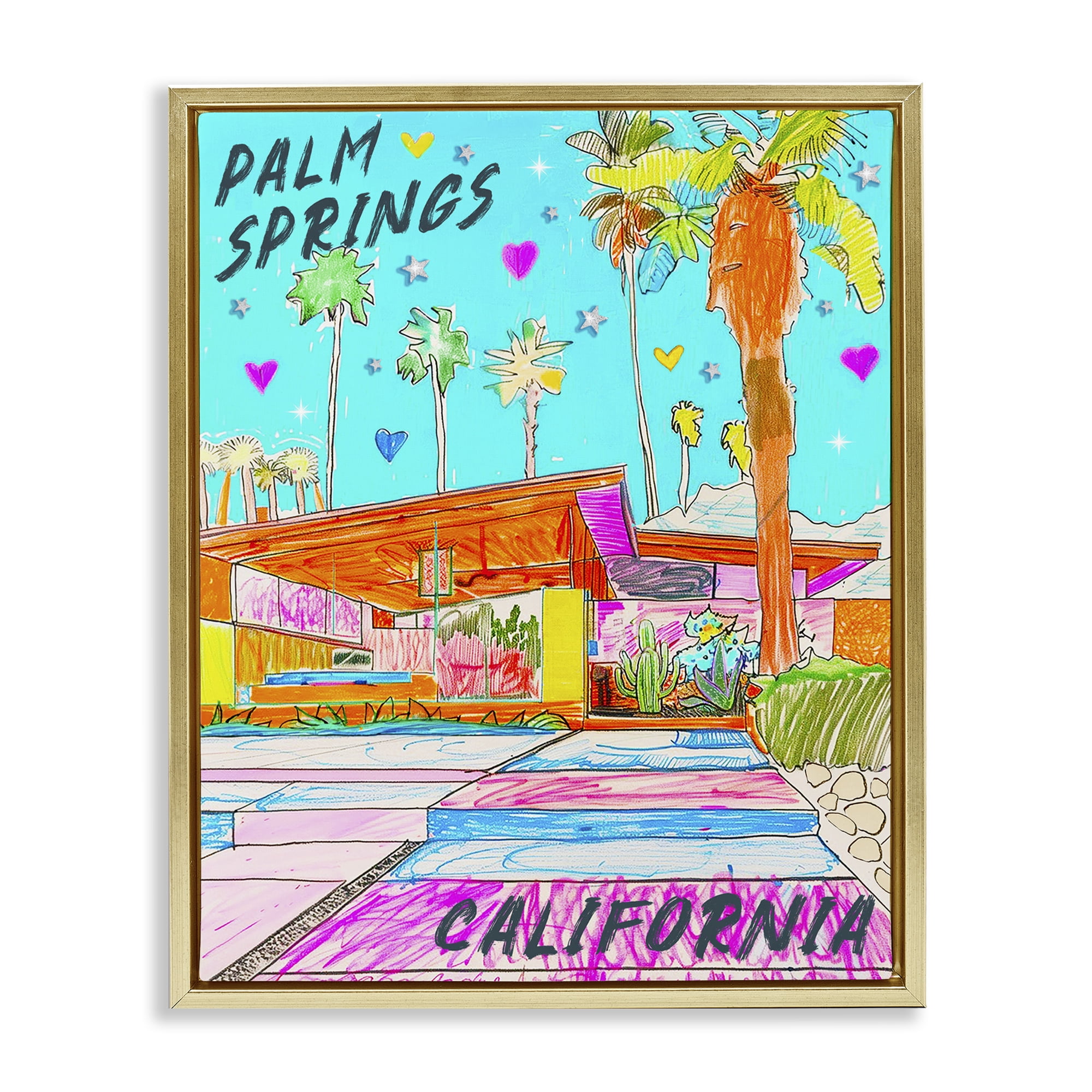 Stupell Industries Palm Springs Villa Doodle Cities & Countries Painting Gold Floater Framed Canvas Art Print Wall Art, 17 x 21