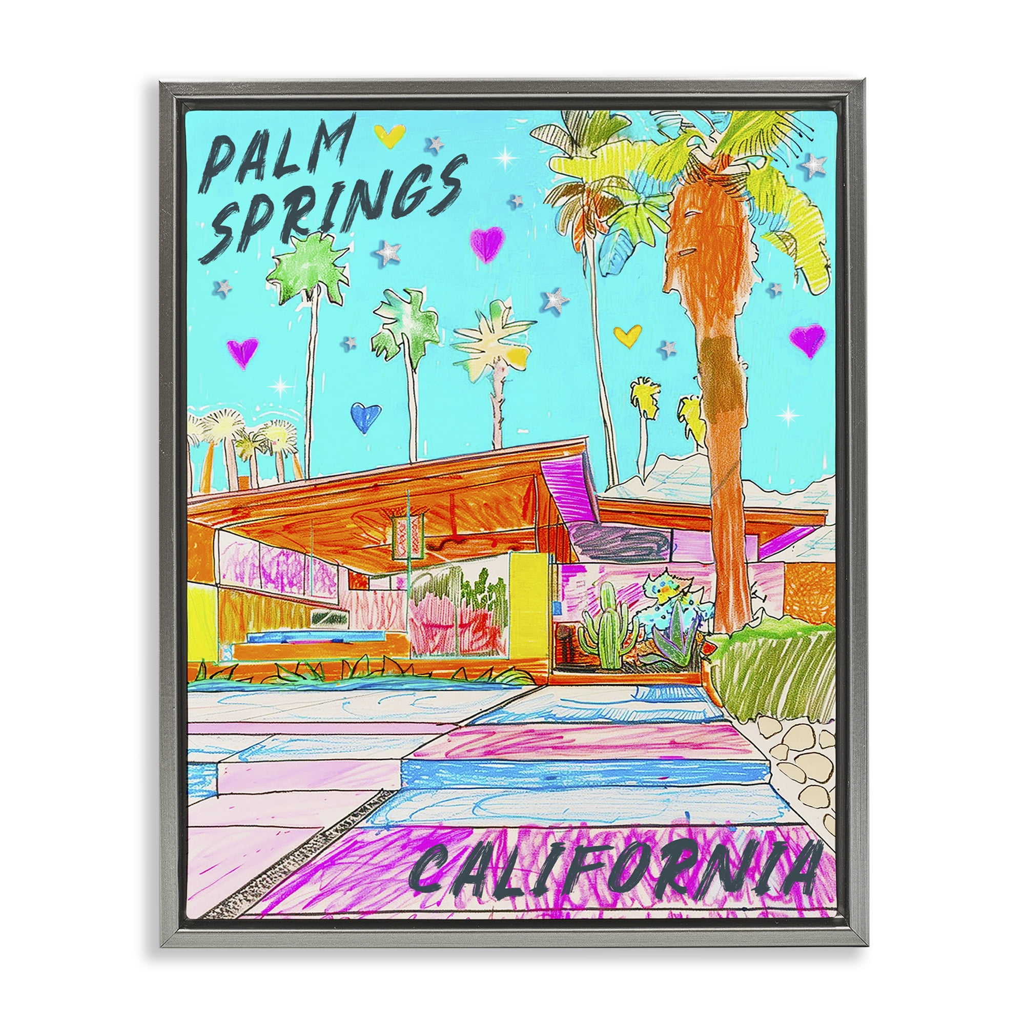 Stupell Industries Palm Springs Villa Doodle Cities & Countries Painting Gray Floater Framed Canvas Art Print Wall Art, 25 x 31