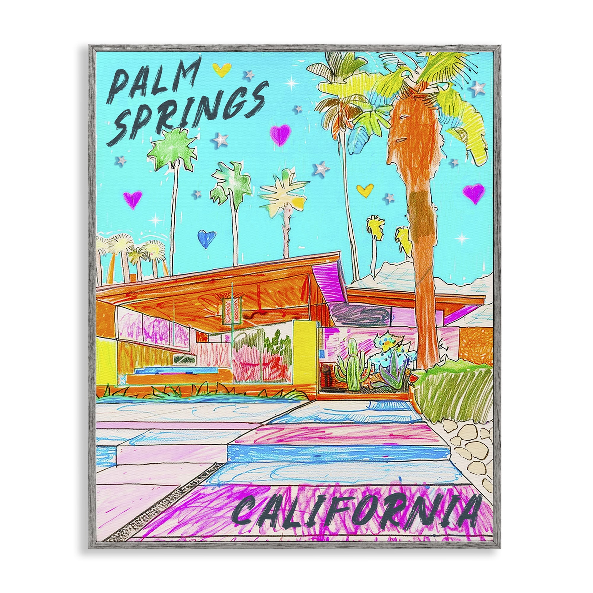 Stupell Industries Palm Springs Villa Doodle Cities & Countries Painting Gray Framed Art Print Wall Art, 16 x 20
