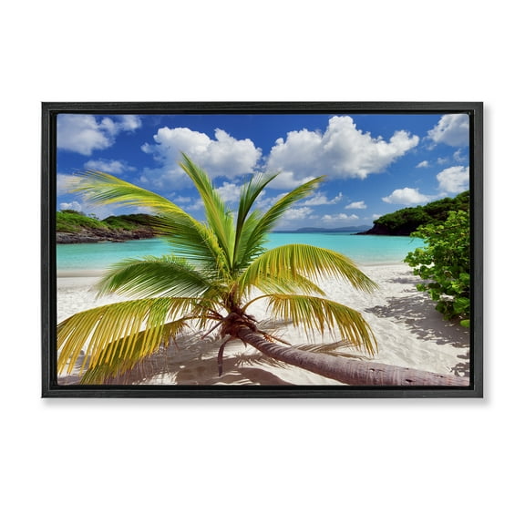 Stupell Industries Palm Tree Across Beach Coastal Photography Black Floater Framed Canvas Art Print Wall Art, 25 x 17