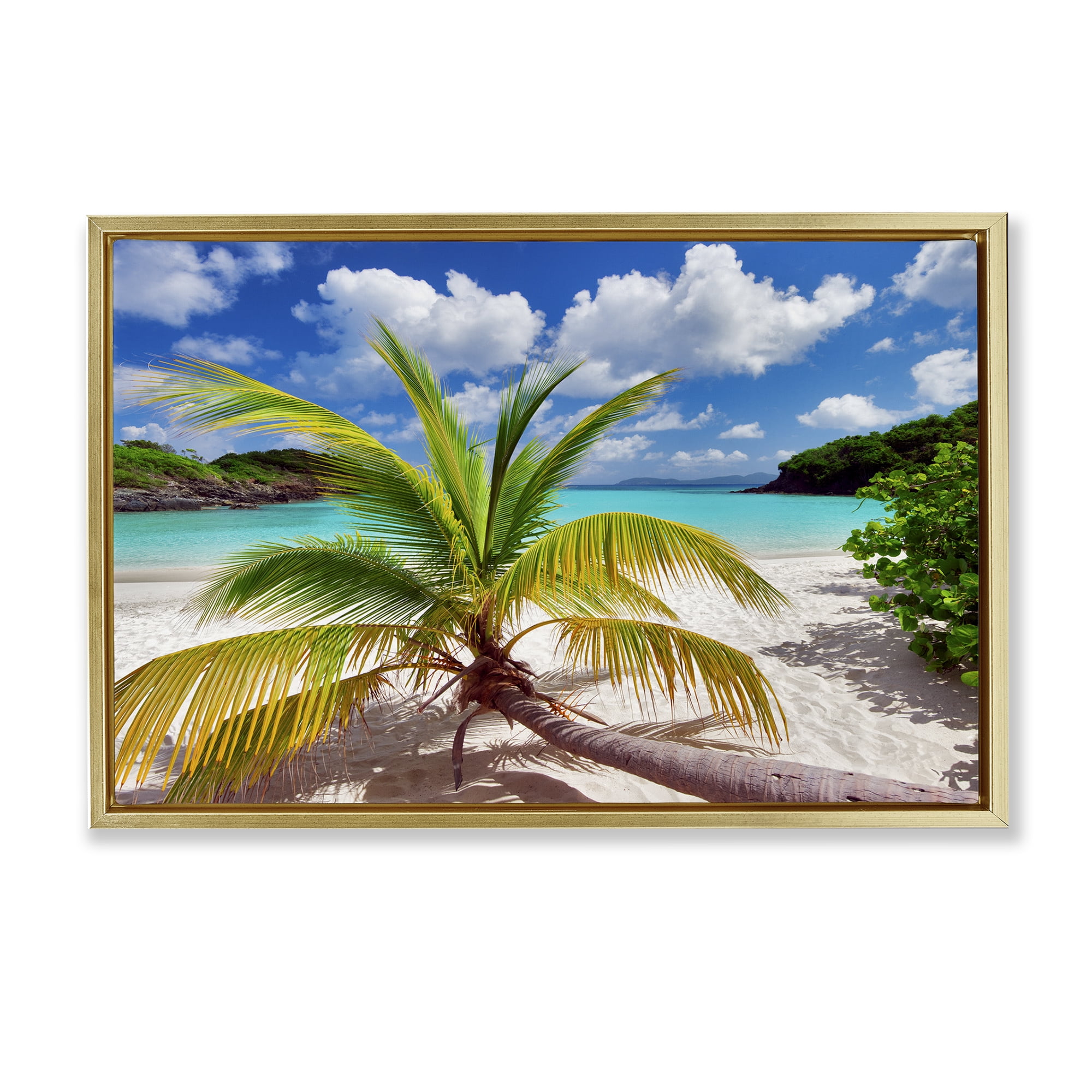 Stupell Industries Palm Tree Across Beach Coastal Photography Gold Floater Framed Canvas Art Print Wall Art, 25 x 17