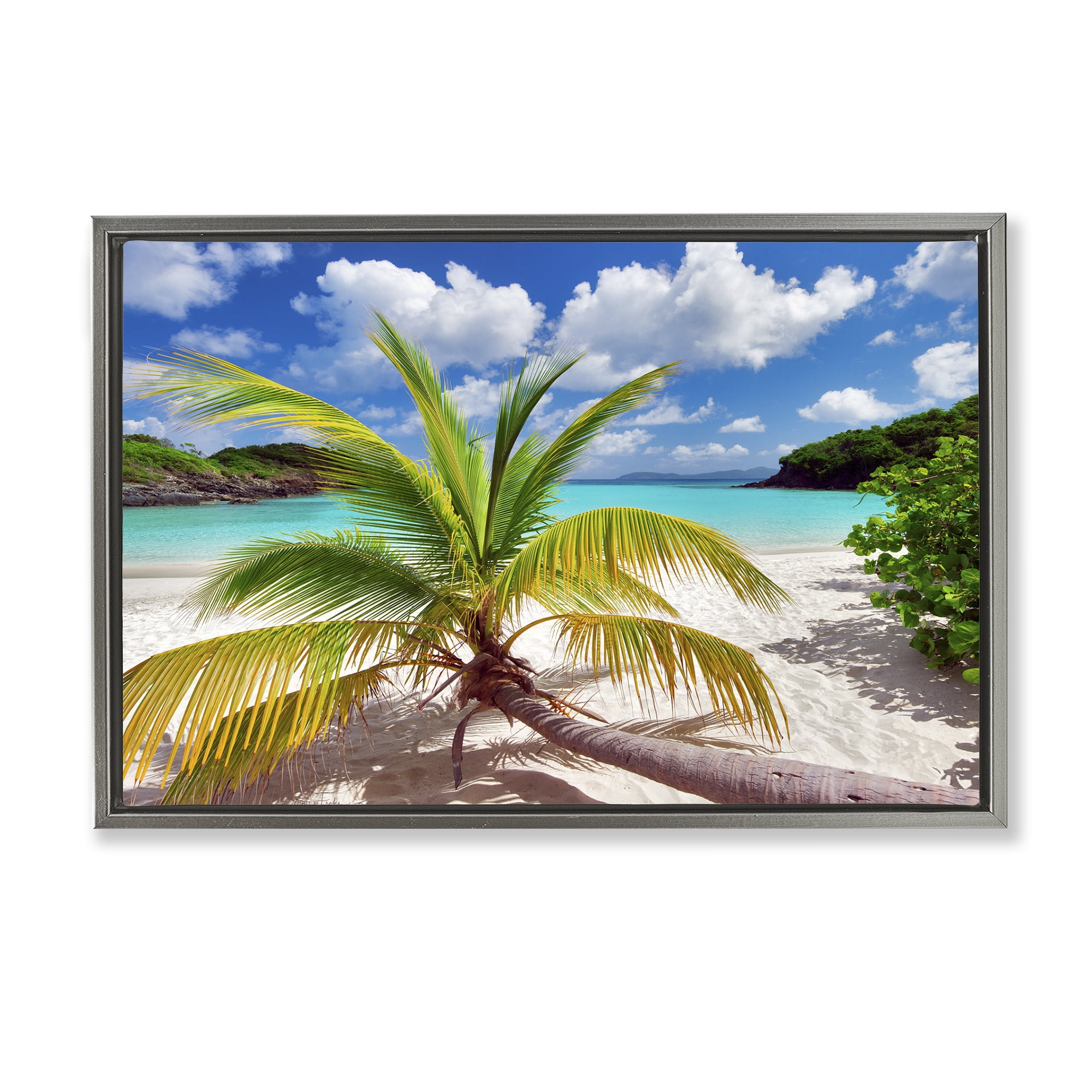 Stupell Industries Palm Tree Across Beach Coastal Photography Gray Floater Framed Canvas Art Print Wall Art, 25 x 17