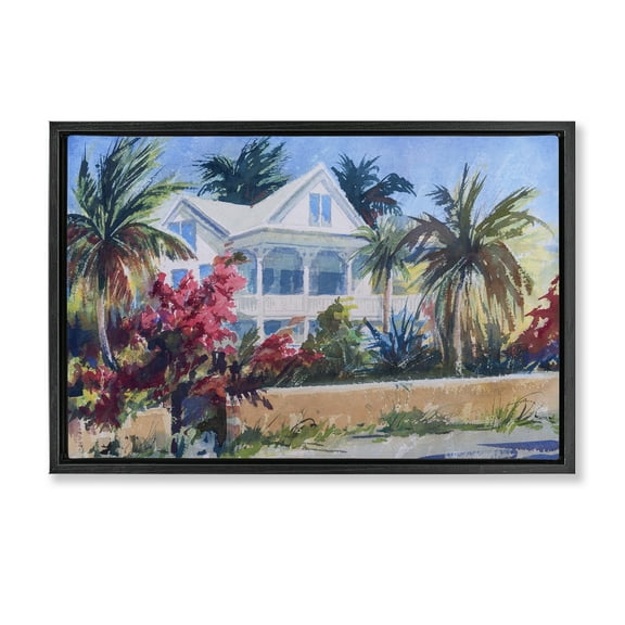 Stupell Industries Palm Tree Cottage Landscape Painting Black Floater Framed Canvas Art Print Wall Art, 25 x 17