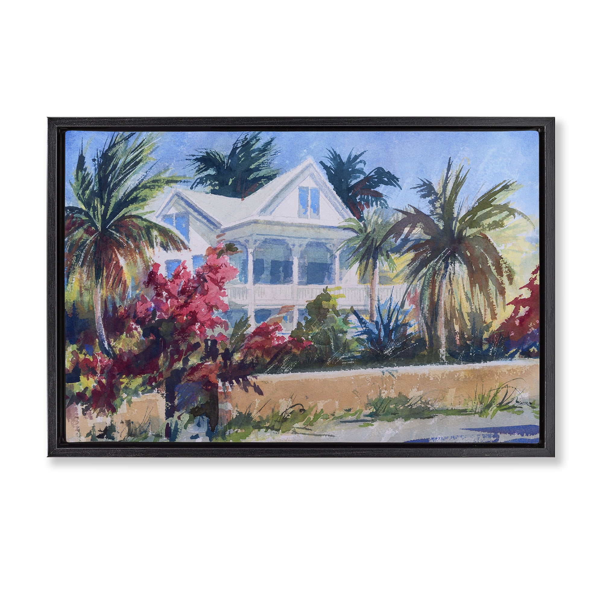 Stupell Industries Palm Tree Cottage Landscape Painting Black Floater Framed Canvas Art Print Wall Art, 31 x 21