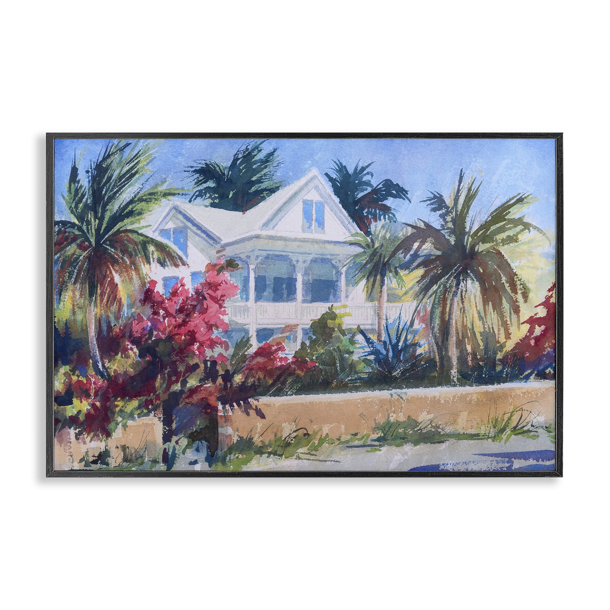 Stupell Industries Palm Tree Cottage Landscape Painting Black Framed Art Print Wall Art, 30 x 20