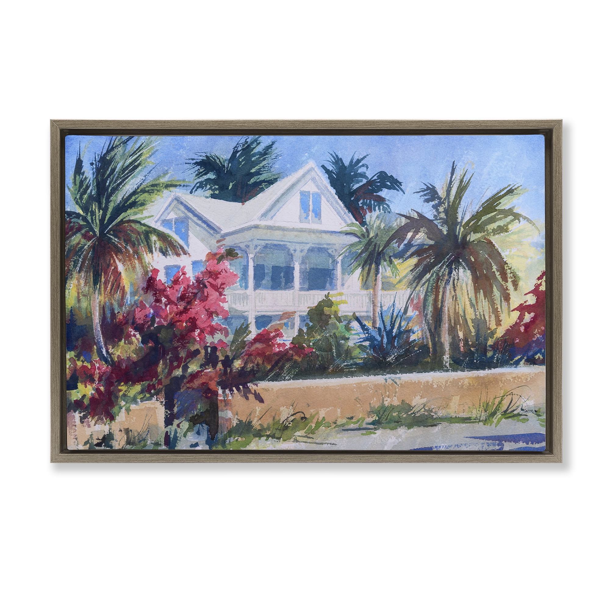 Stupell Industries Palm Tree Cottage Landscape Painting Brown Floater Framed Canvas Art Print Wall Art, 31 x 21